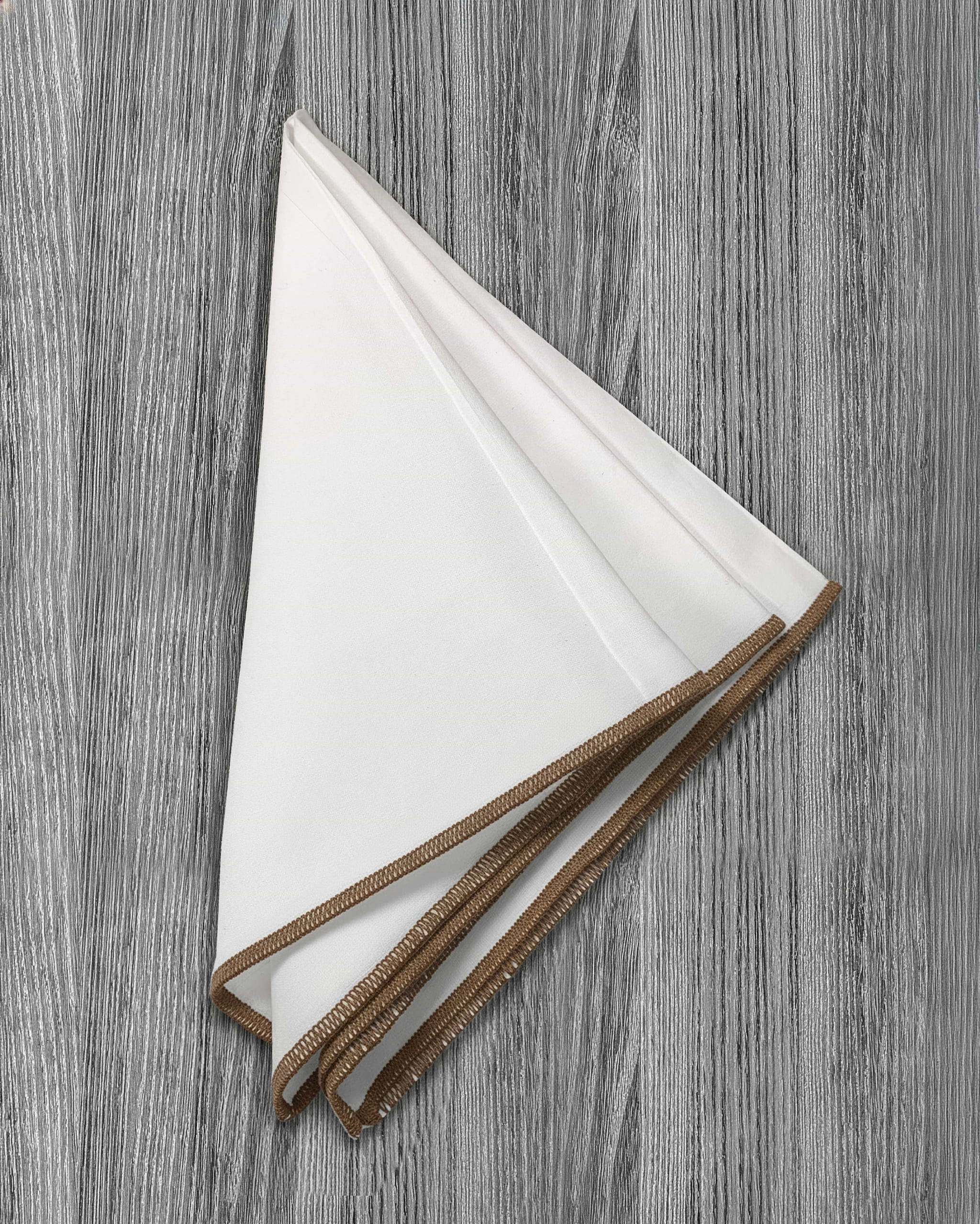 Pocket Square - White With Light Brown Edge Stitch