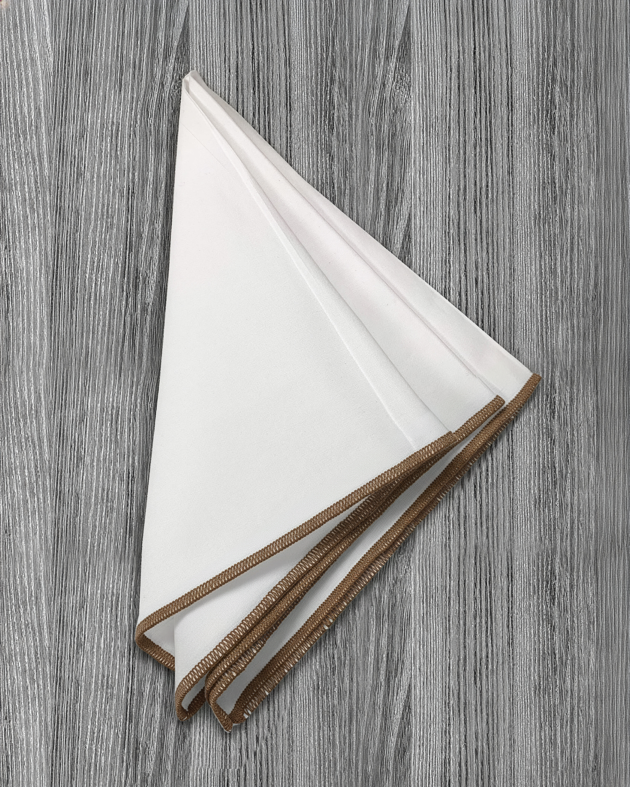 Pocket Square - White With Light Brown Edge Stitch