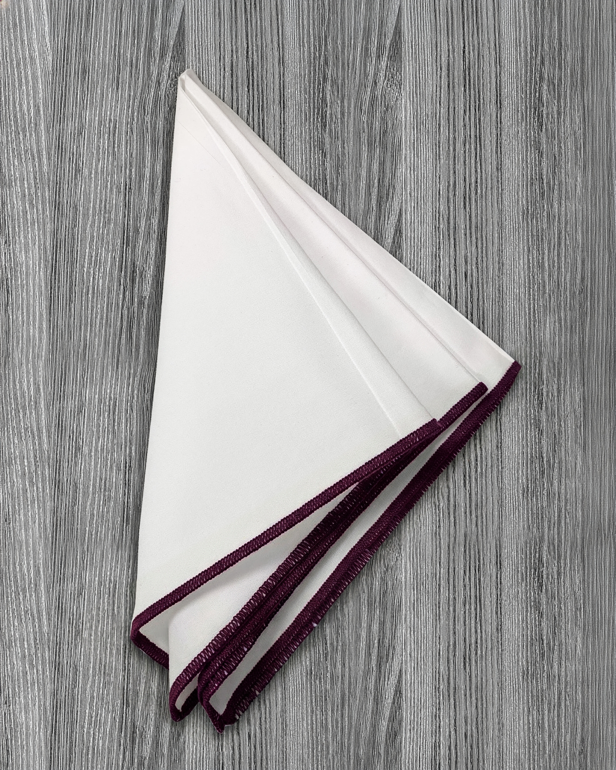 Pocket Square - White With Plum Edge Stitch
