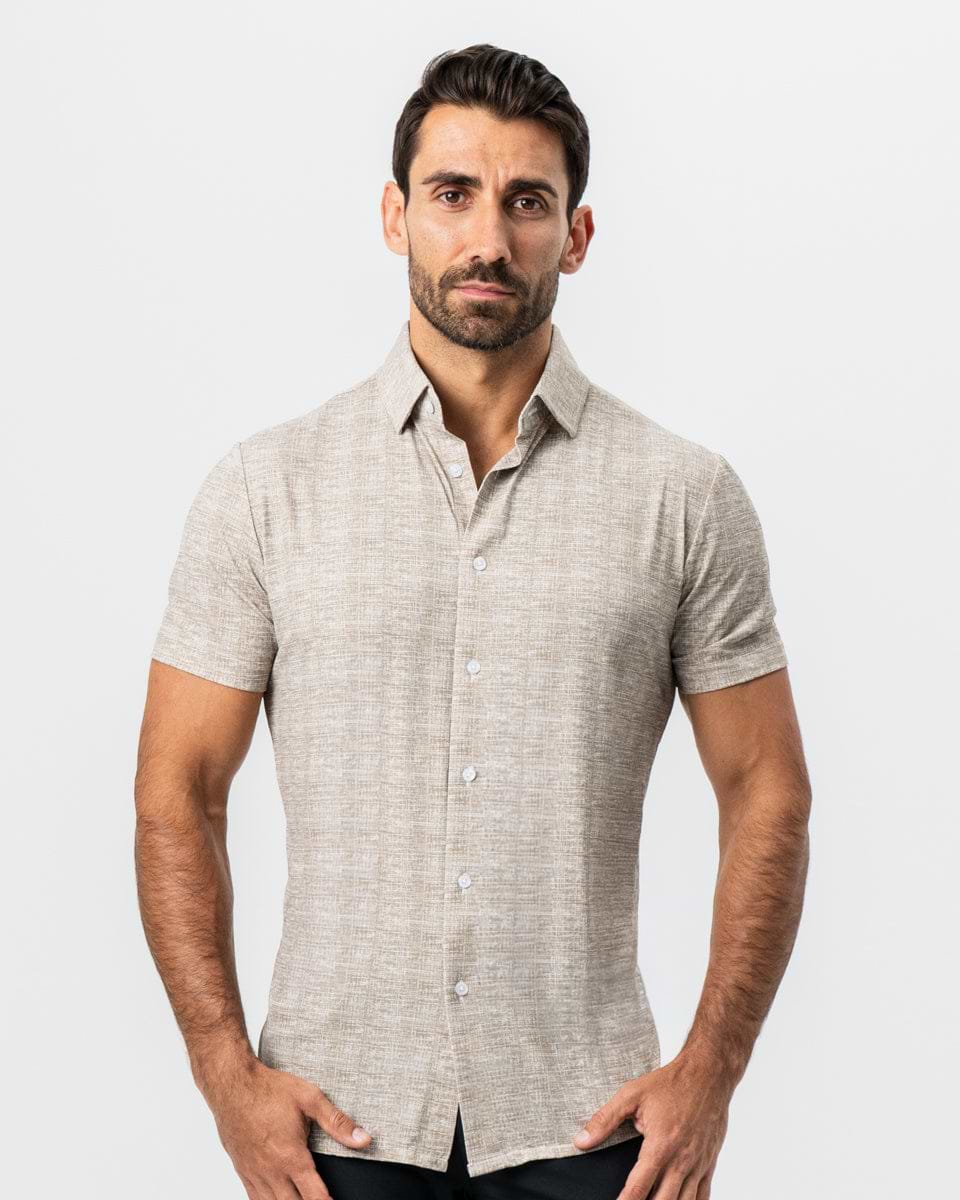 "The Giovanni" Printed Linen Olive Short Sleeve Button Down