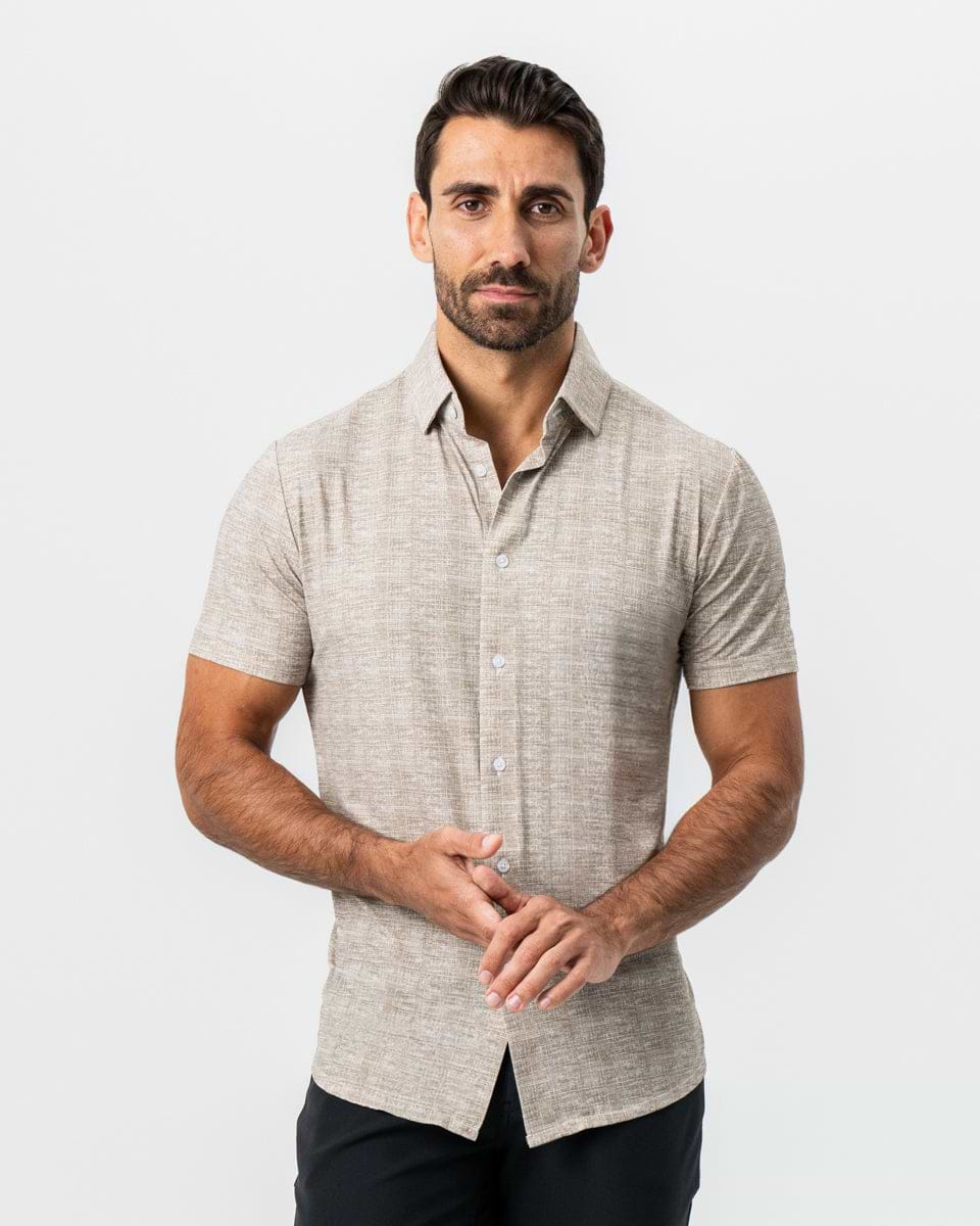 "The Giovanni" Printed Linen Olive Short Sleeve Button Down