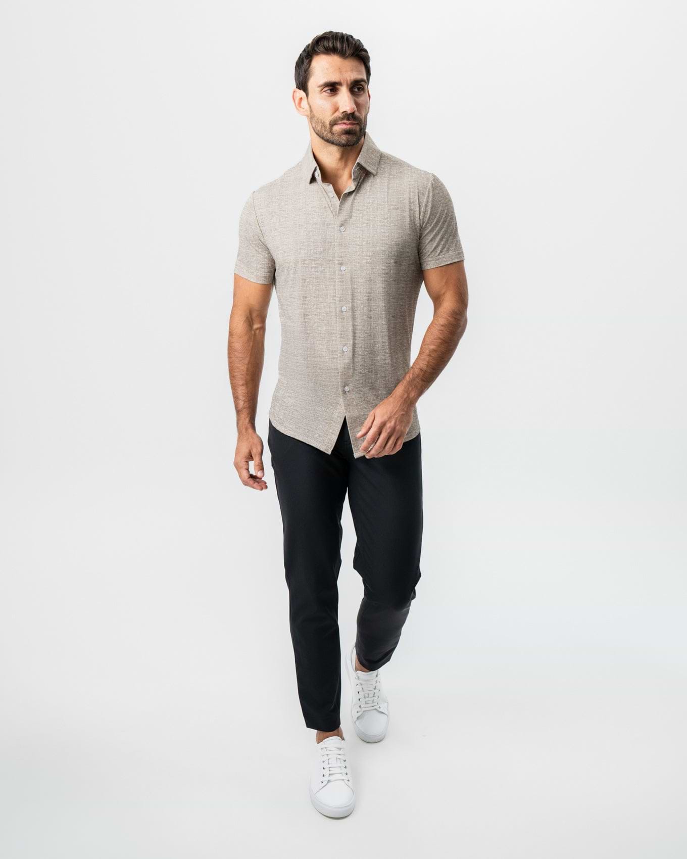 "The Giovanni" Printed Linen Olive Short Sleeve Button Down