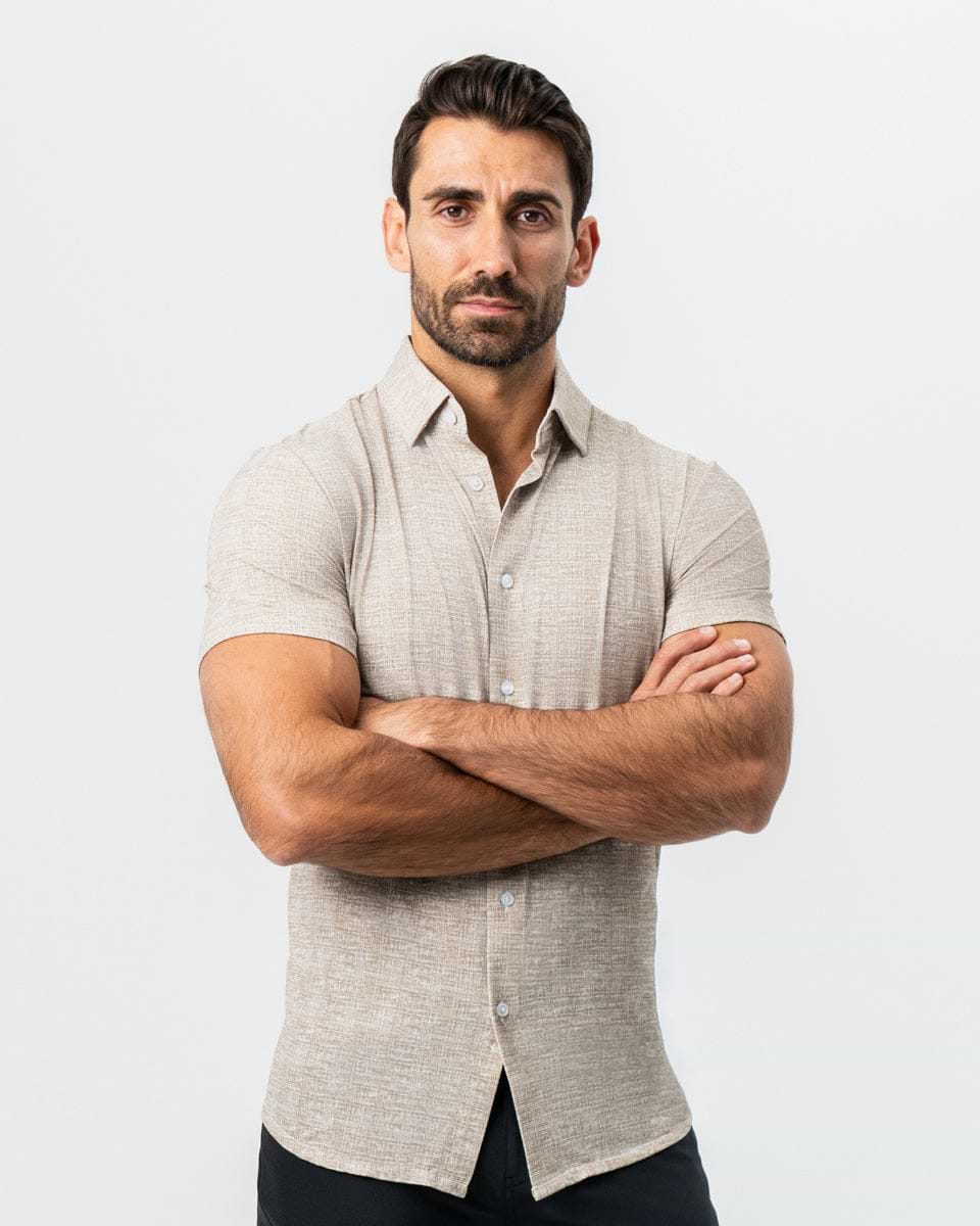 "The Giovanni" Printed Linen Olive Short Sleeve Button Down