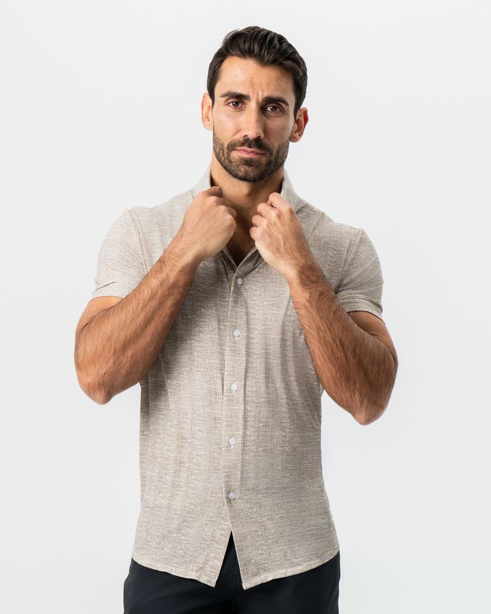 "The Giovanni" Printed Linen Olive Short Sleeve Button Down