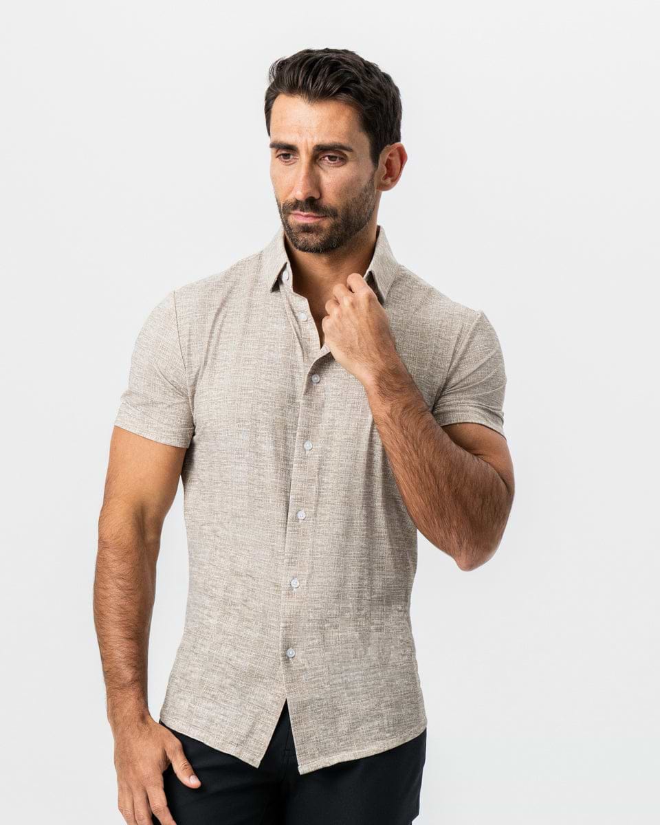 "The Giovanni" Printed Linen Olive Short Sleeve Button Down