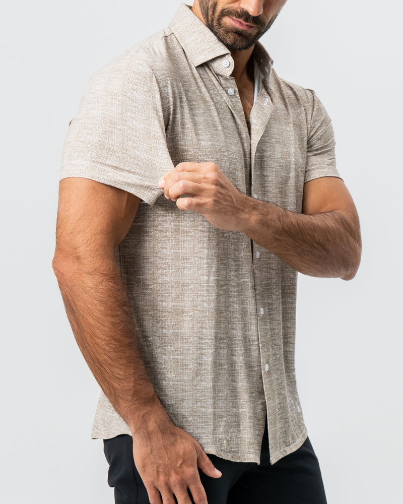 "The Giovanni" Printed Linen Olive Short Sleeve Button Down