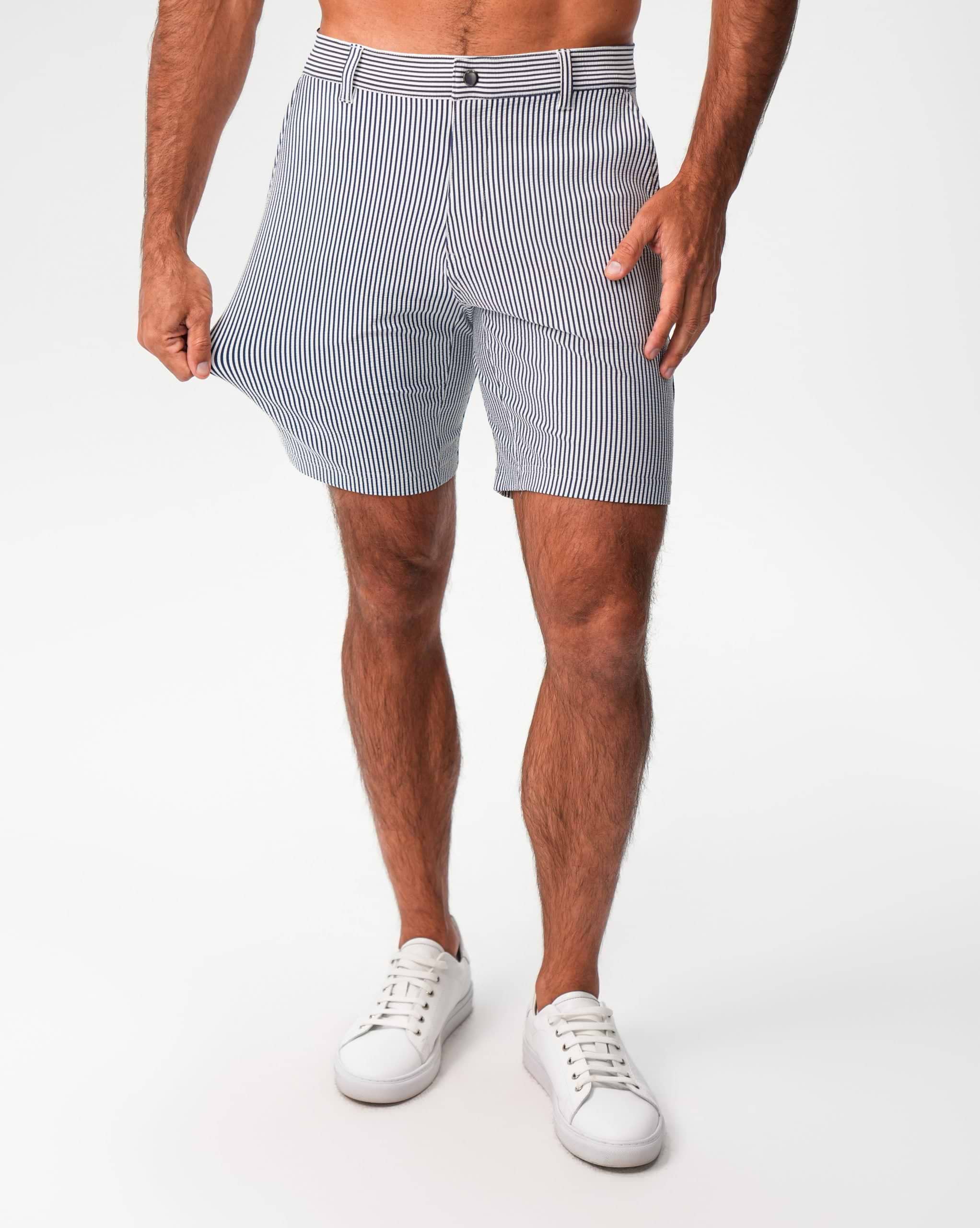 Athletic Fit Shorts - Navy & White Seersucker