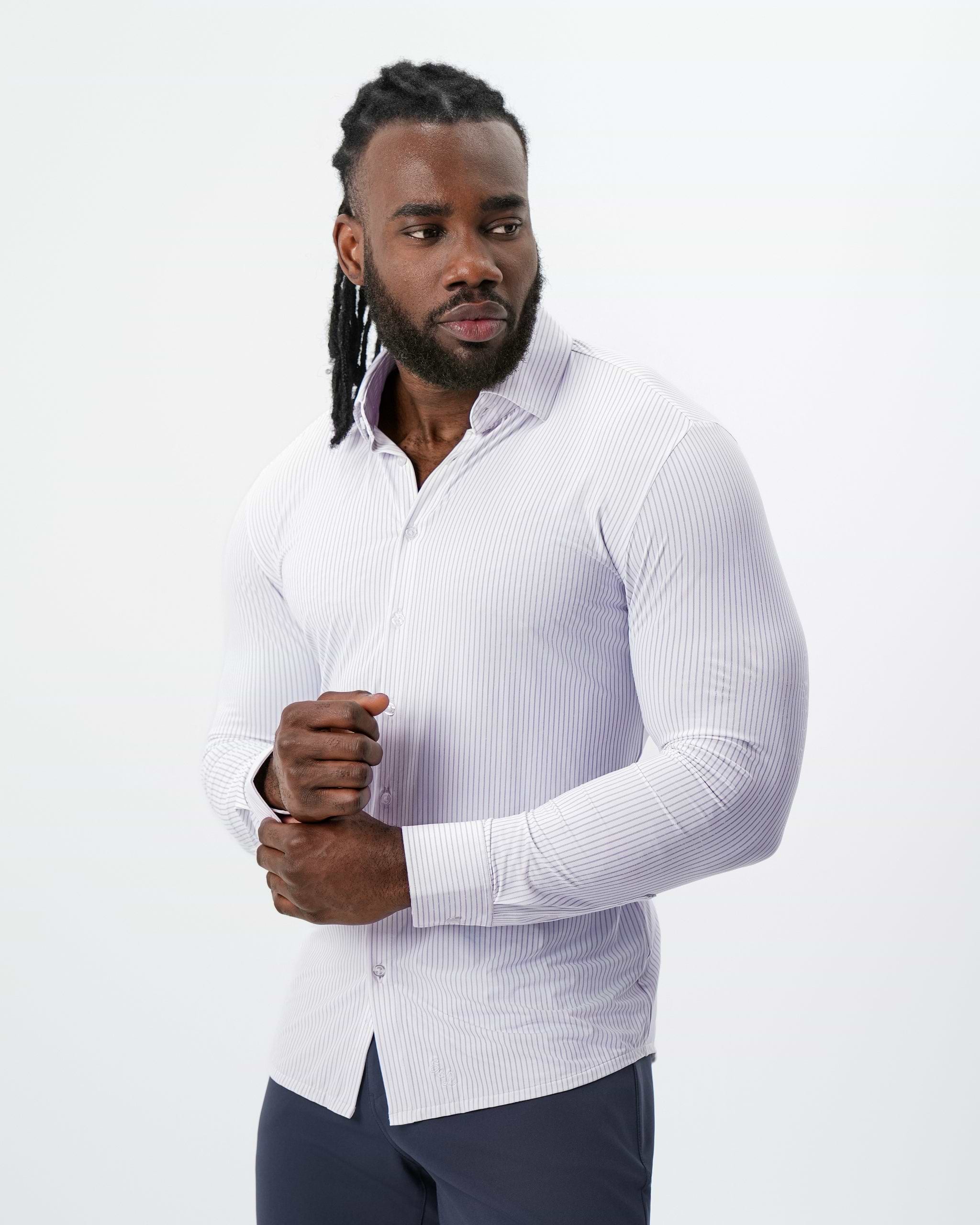 "The Arlington" Sport Shirt - White with Lilac Stripe