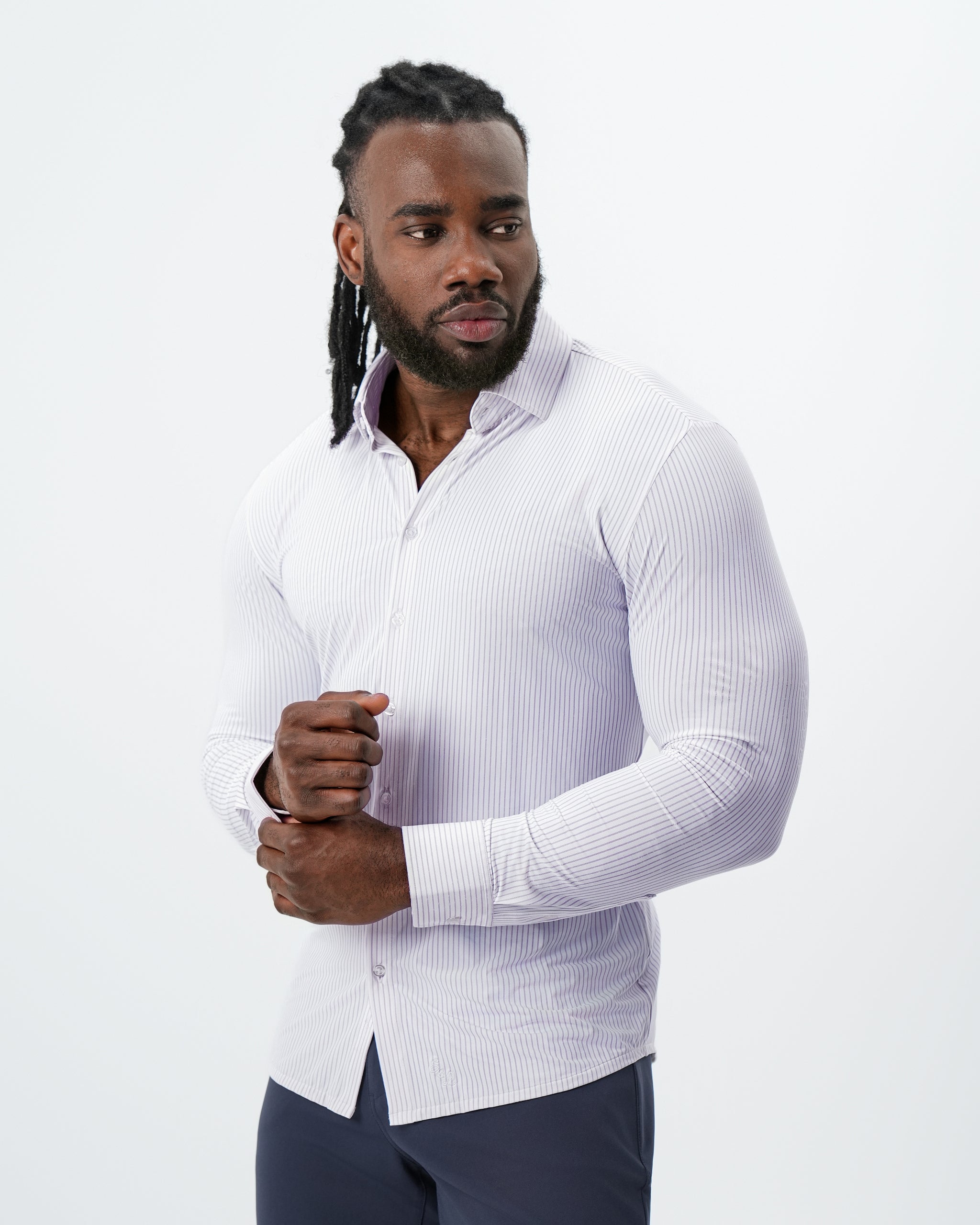 "The Arlington" Sport Shirt - White with Lilac Stripe