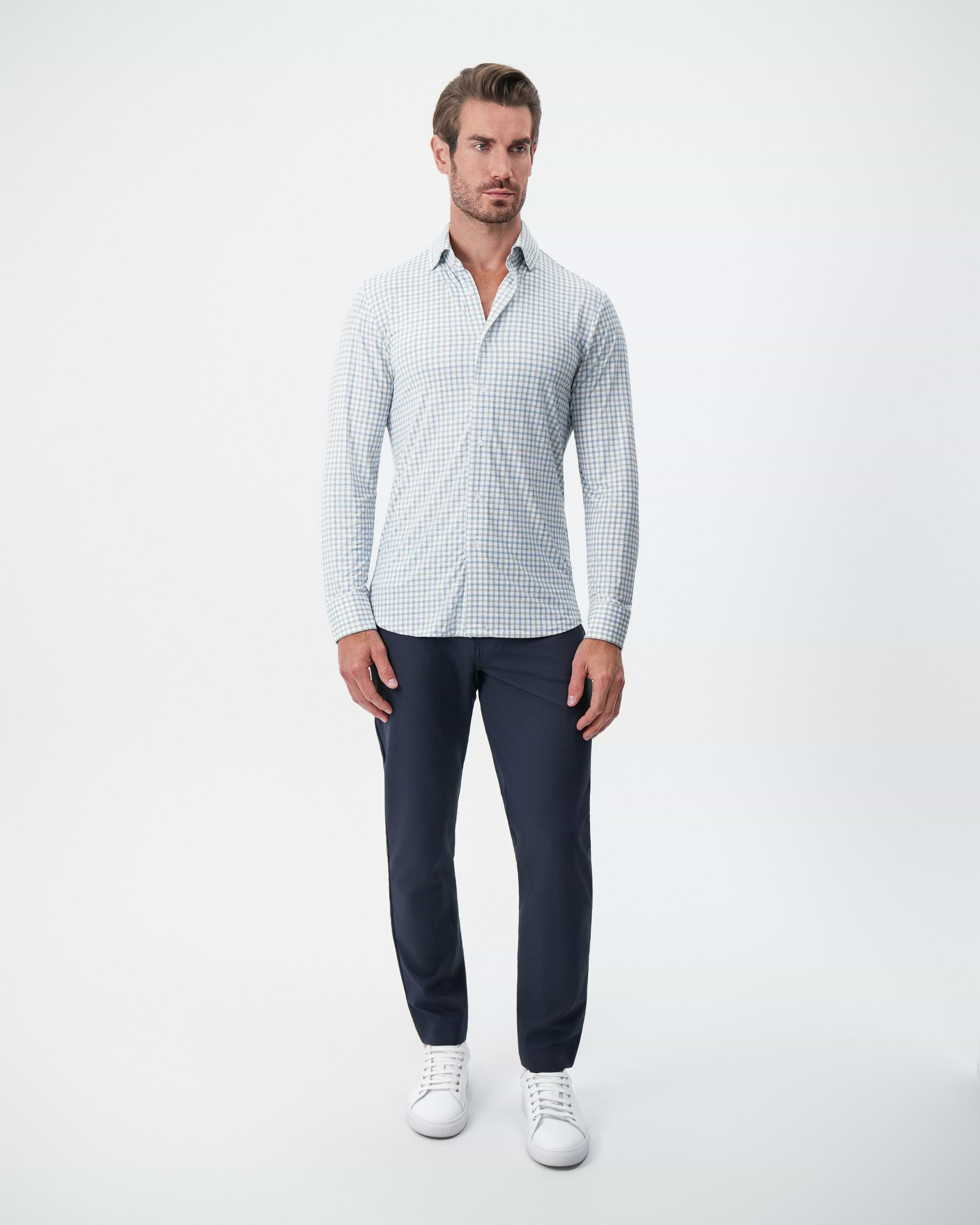 "The Dime" Sport Shirt - White, Grey & Light Blue Windowpane