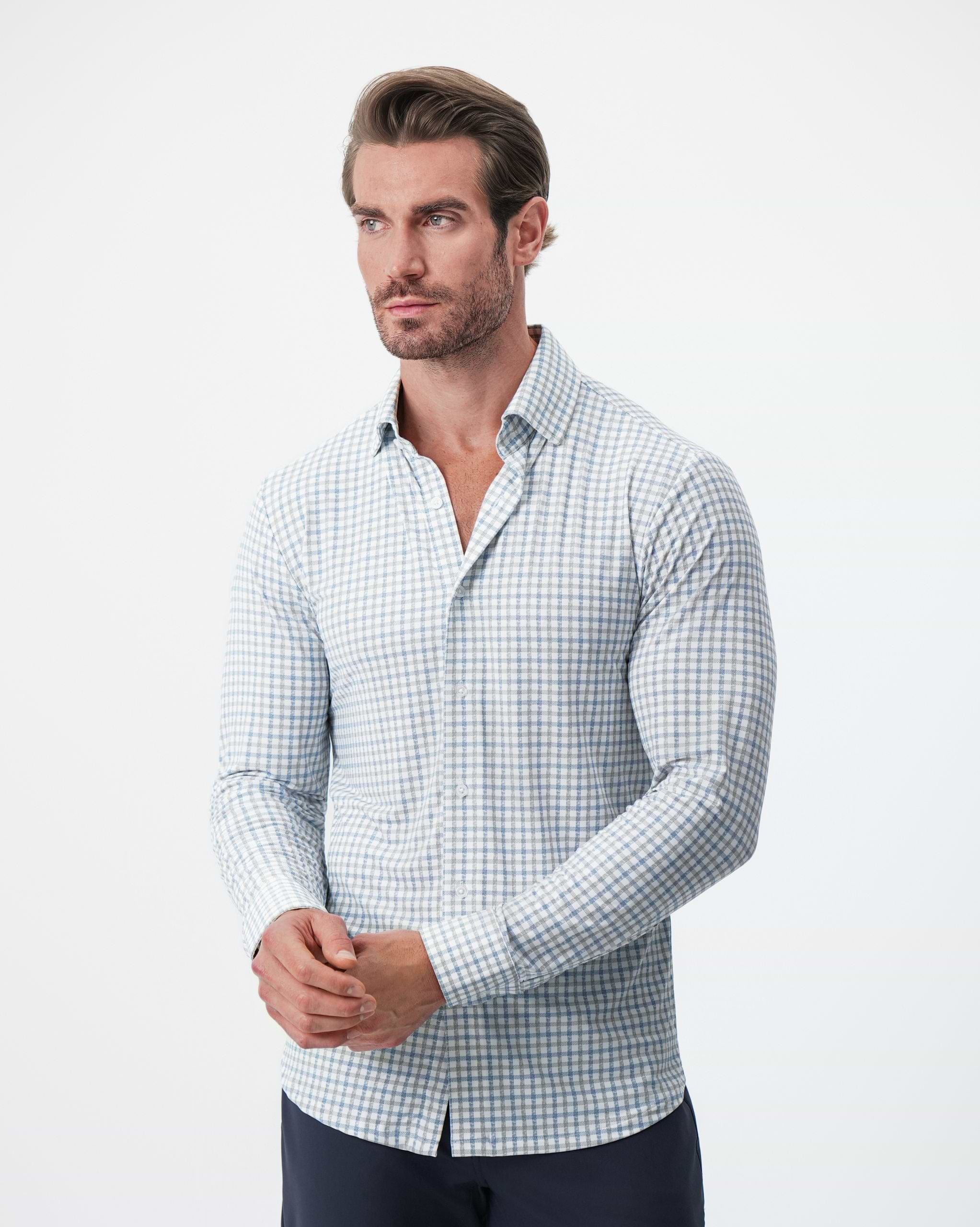 "The Dime" Sport Shirt - White, Grey & Light Blue Windowpane