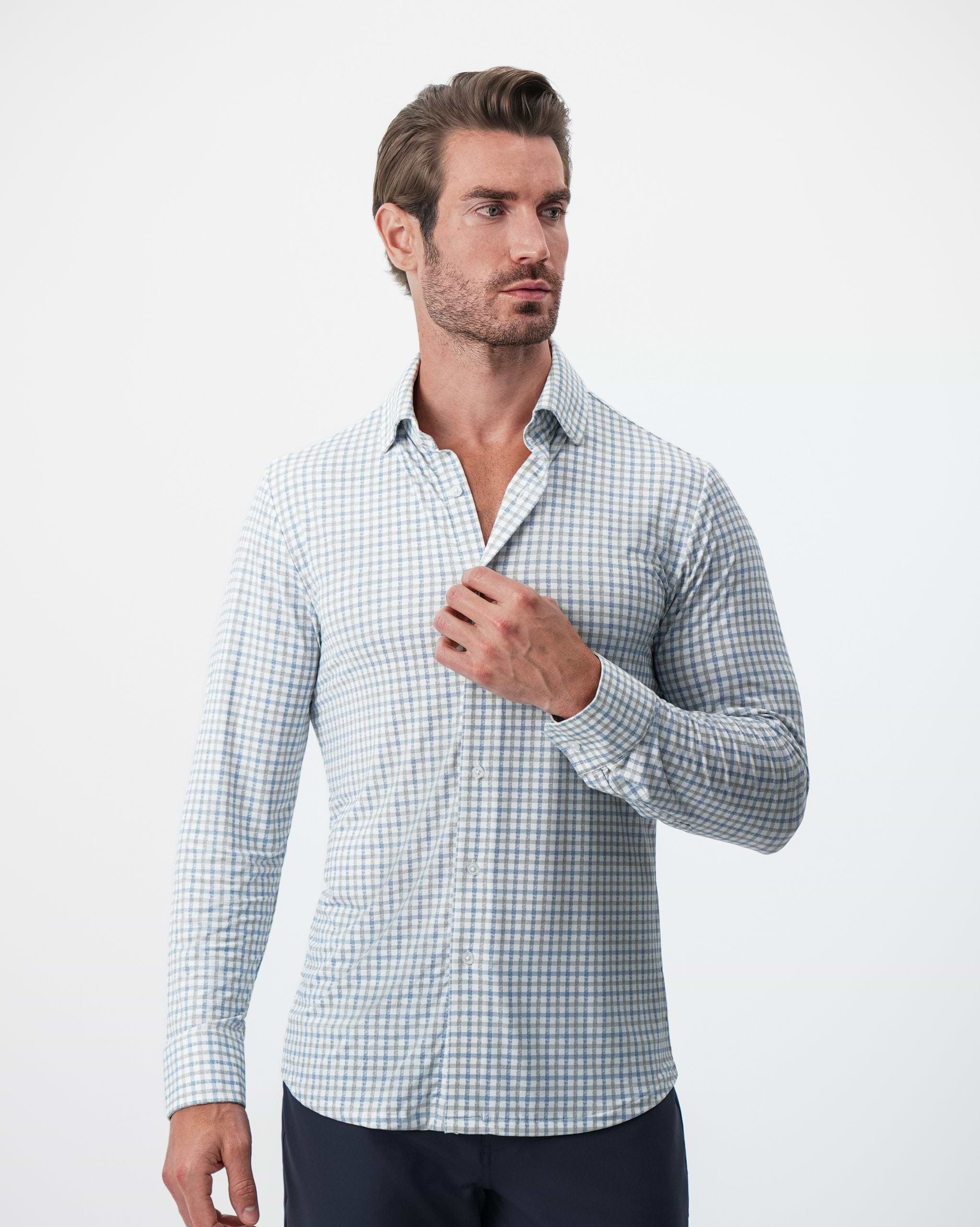 "The Dime" Sport Shirt - White, Grey & Light Blue Windowpane