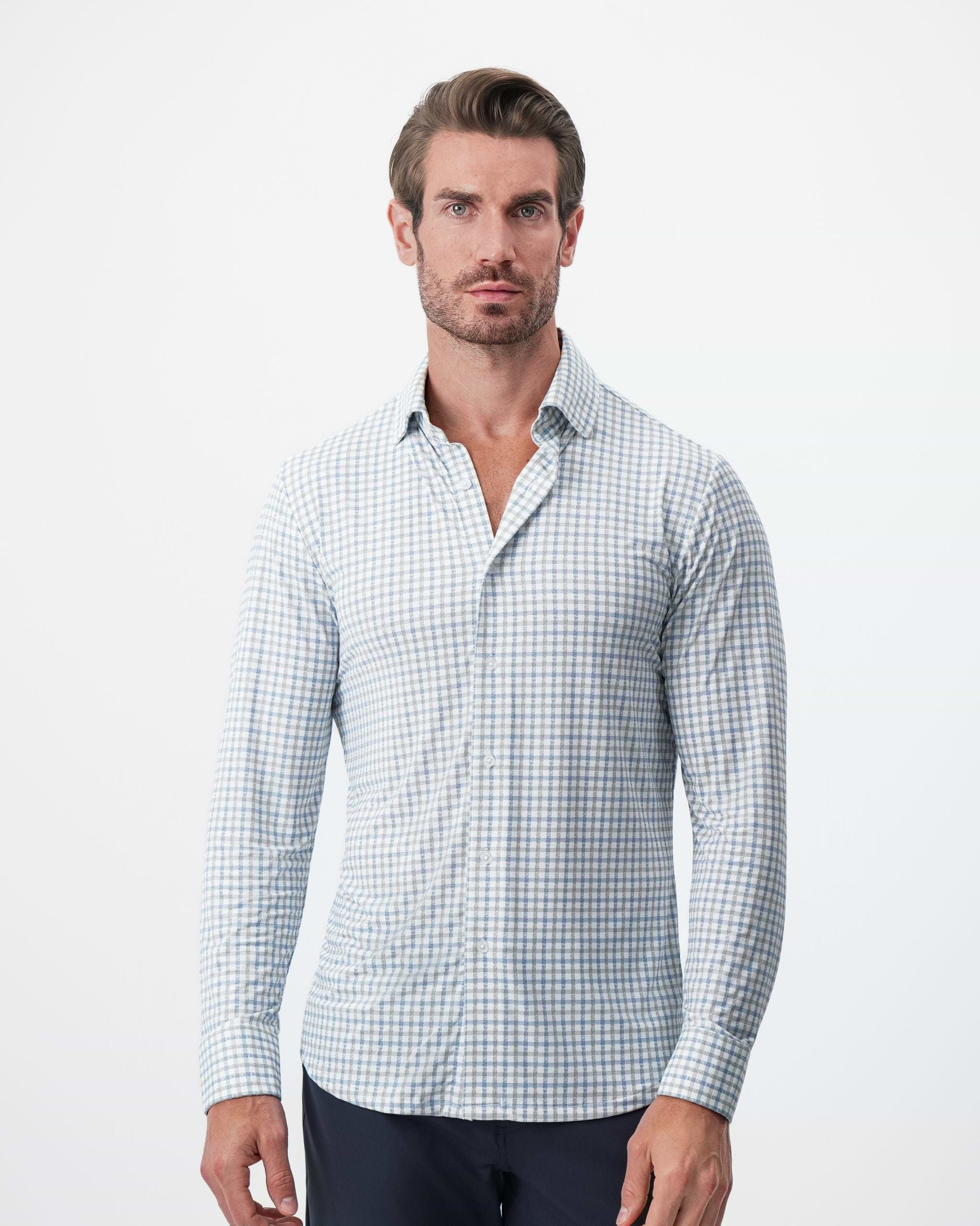 "The Dime" Sport Shirt - White, Grey & Light Blue Windowpane