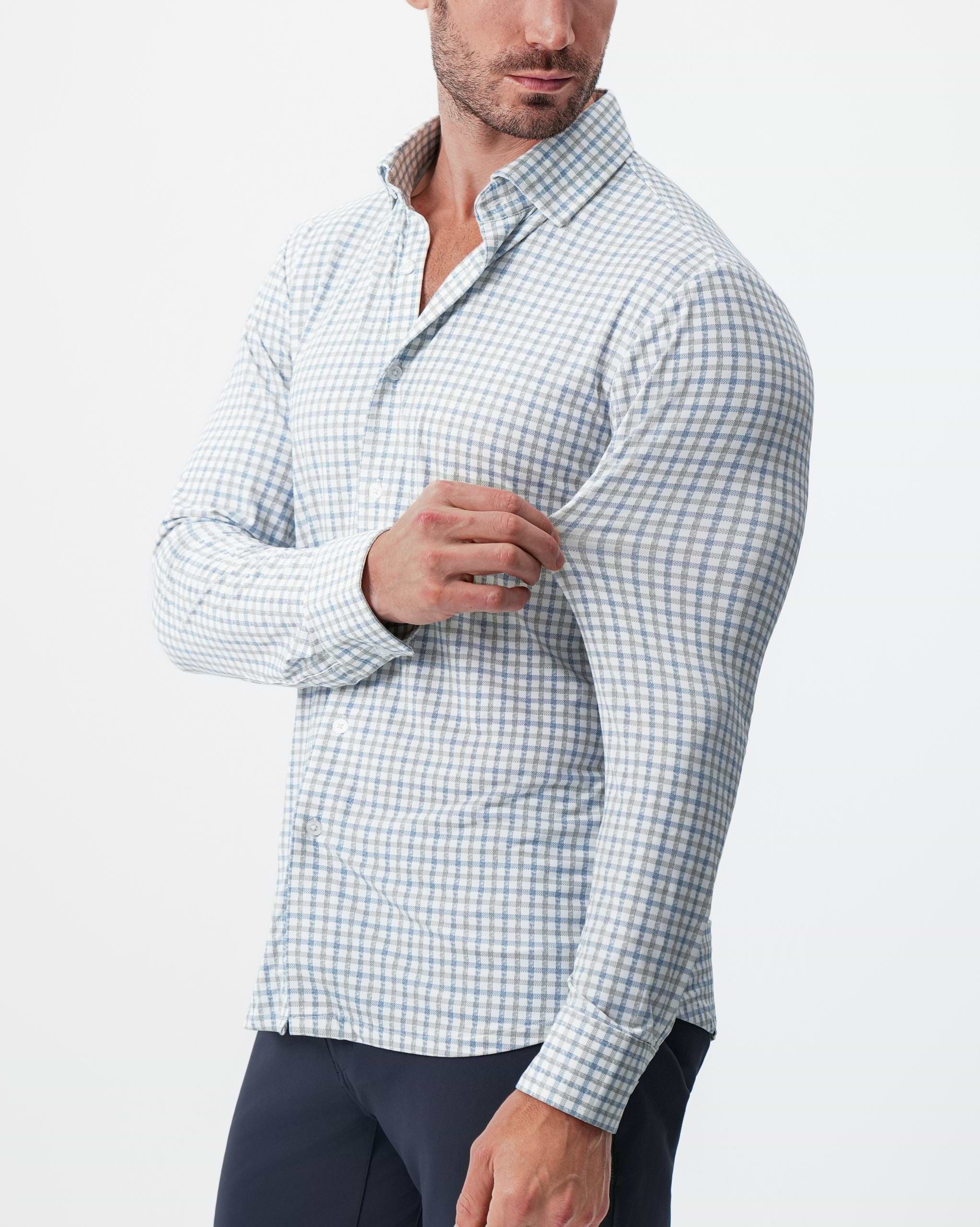 "The Dime" Sport Shirt - White, Grey & Light Blue Windowpane