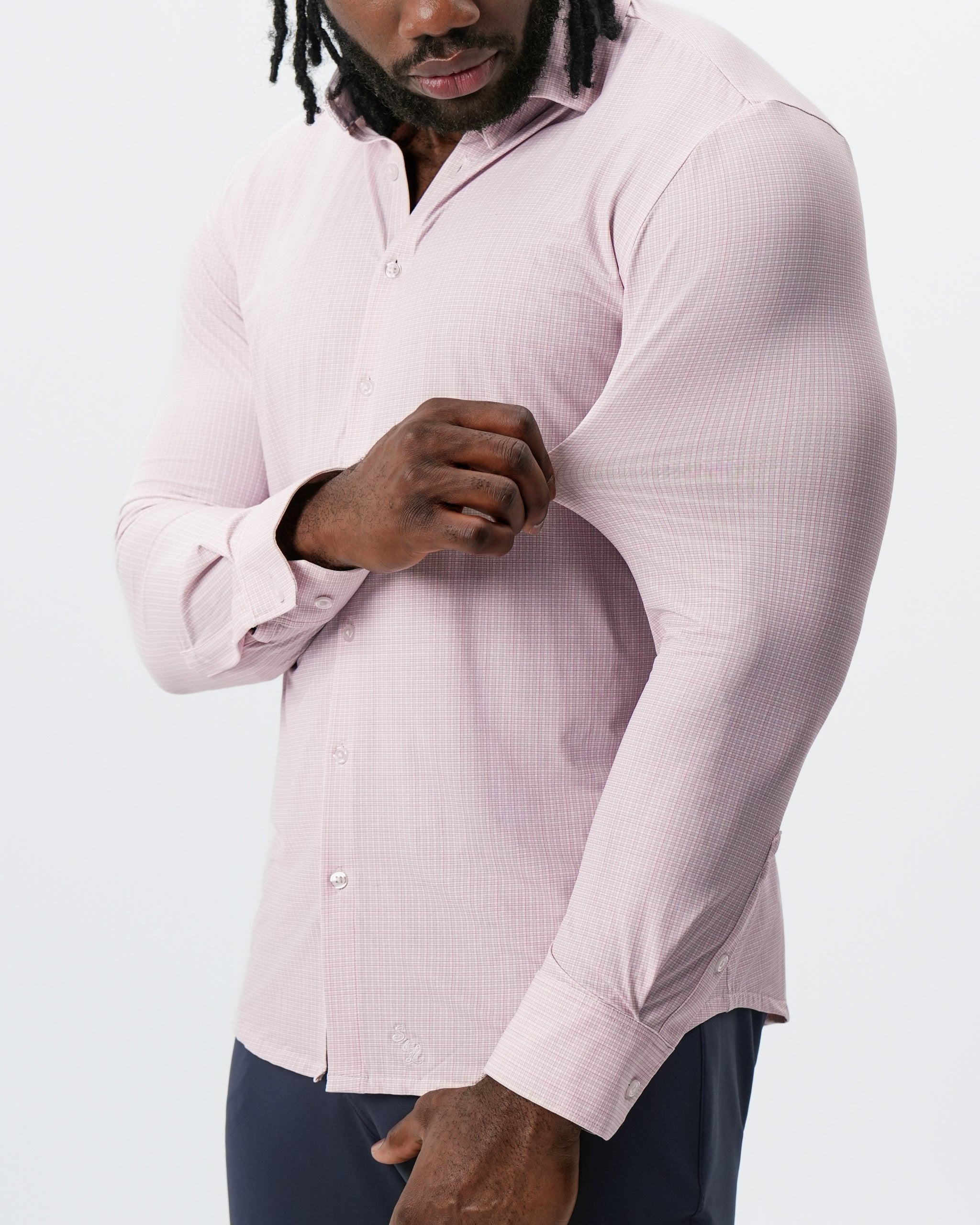 "The Portland" Sport Shirt - Light Pink with Light Blue Mini Check