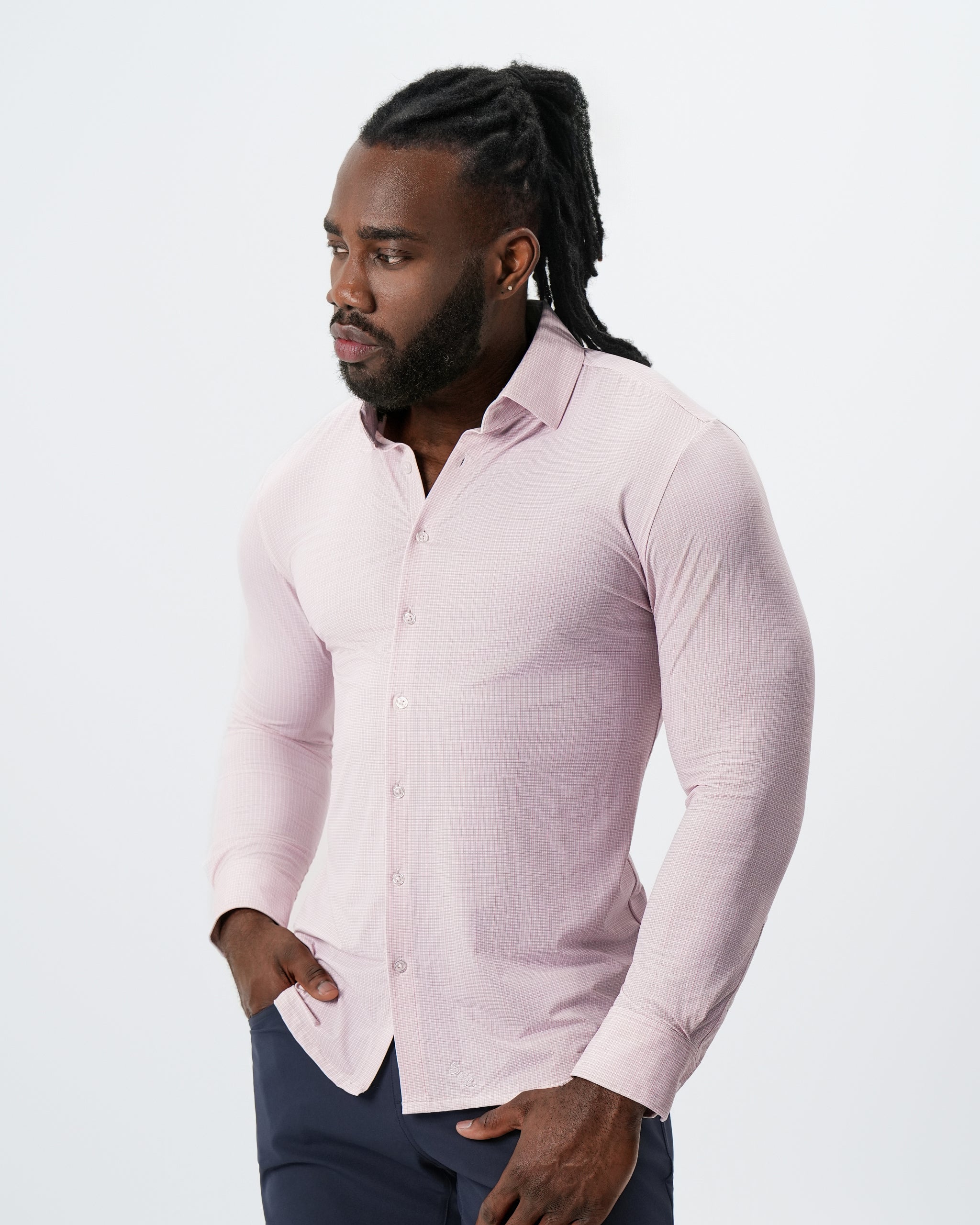 "The Portland" Sport Shirt - Light Pink with Light Blue Mini Check