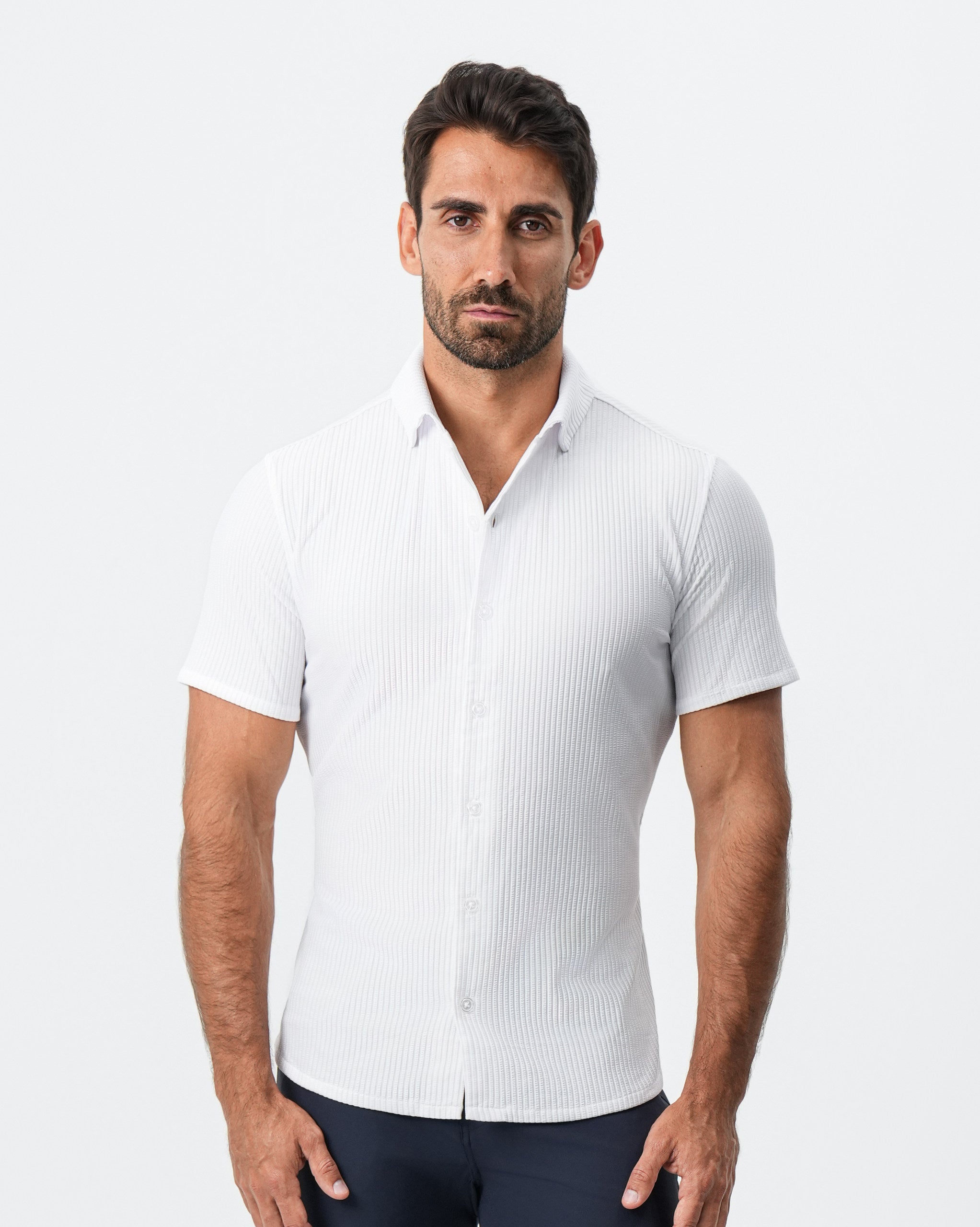 Seersucker Short Sleeve Button Down - White