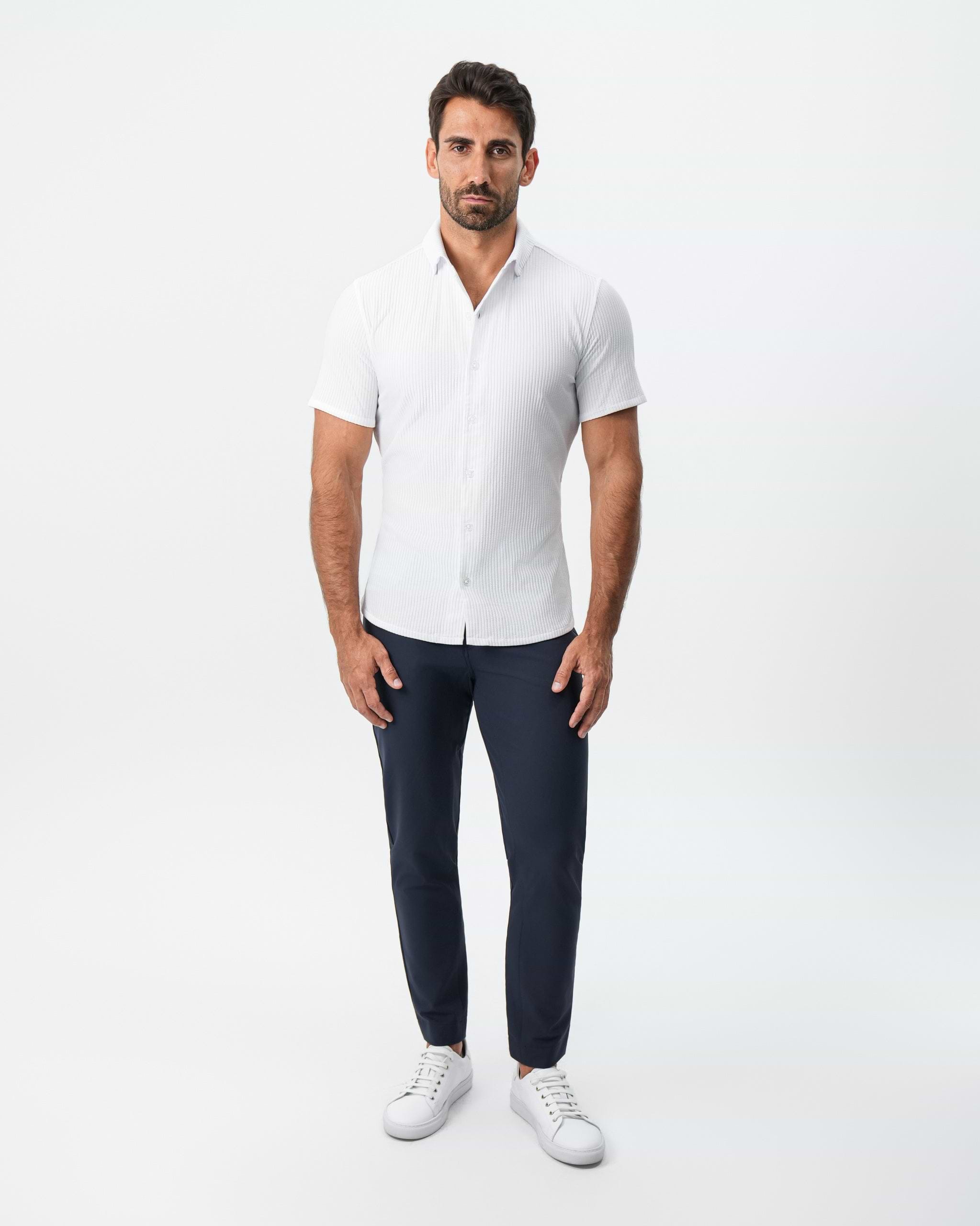 Seersucker Short Sleeve Button Down - White