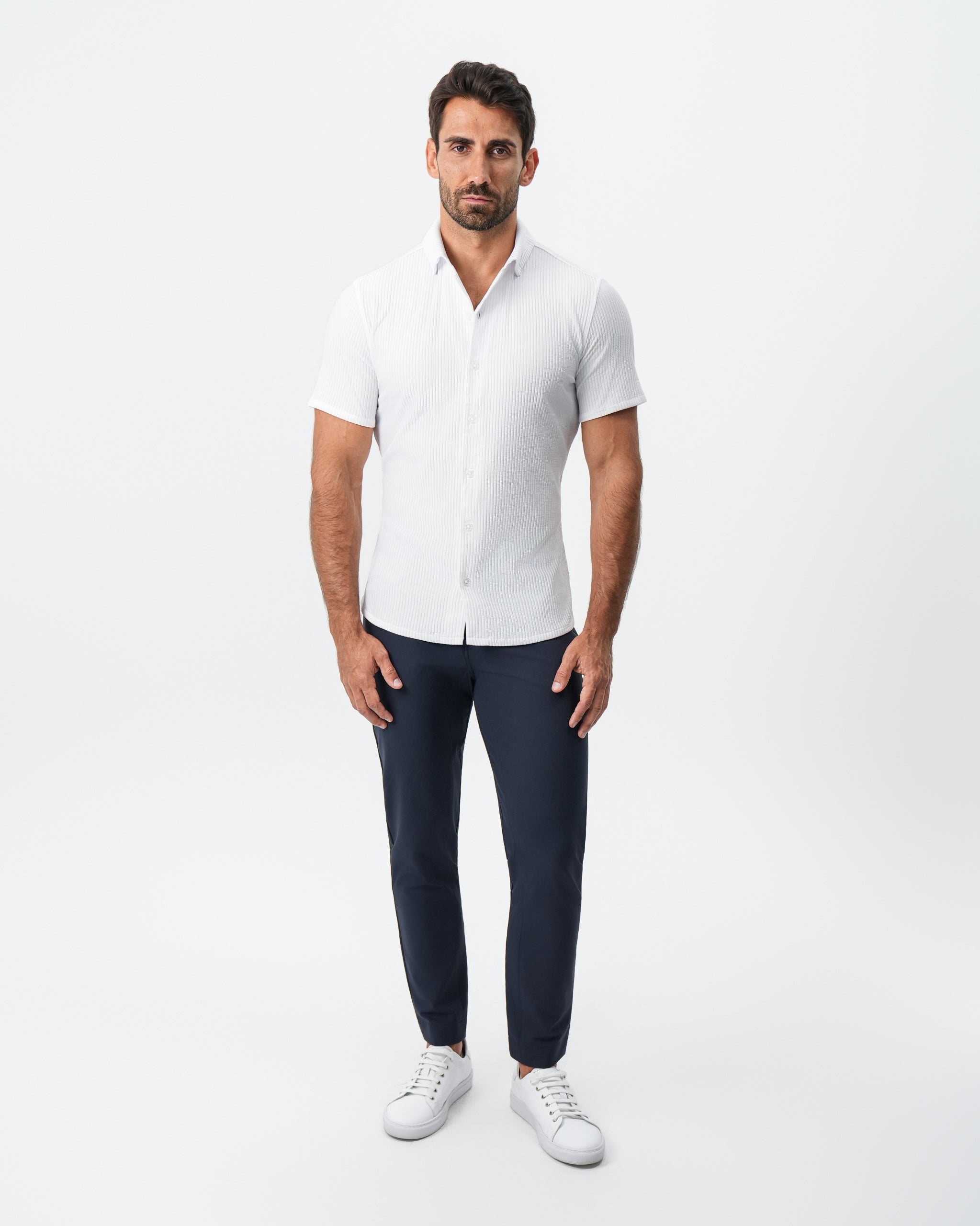 Seersucker Short Sleeve Button Down - White