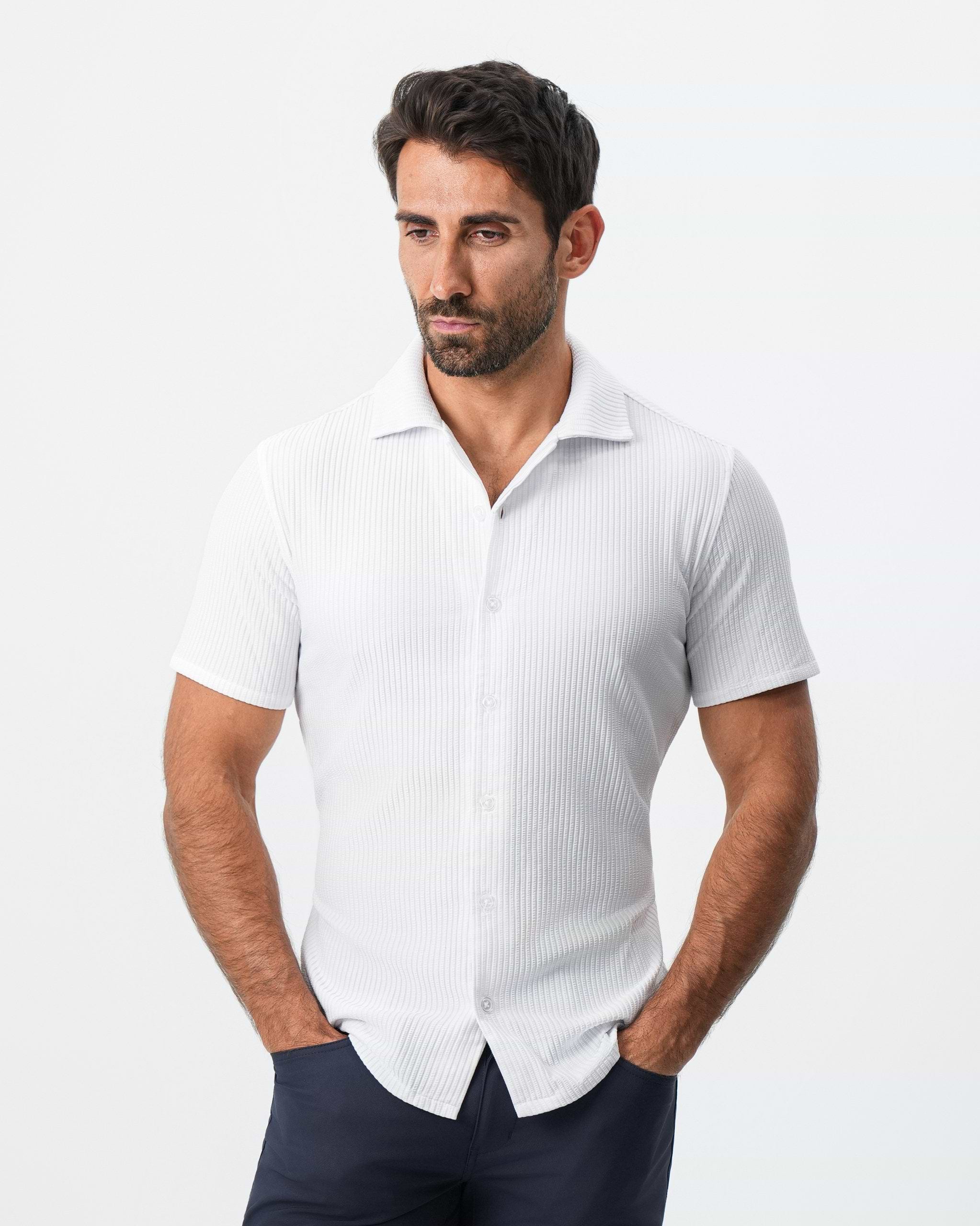 Seersucker Short Sleeve Button Down - White