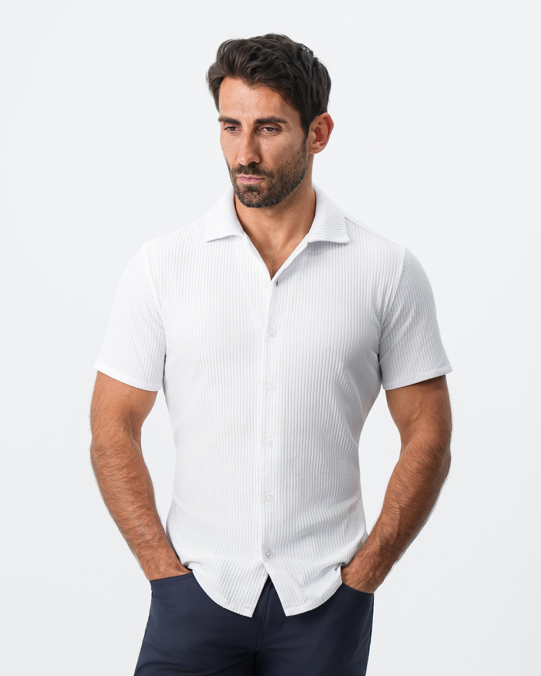 Seersucker Short Sleeve Button Down - White