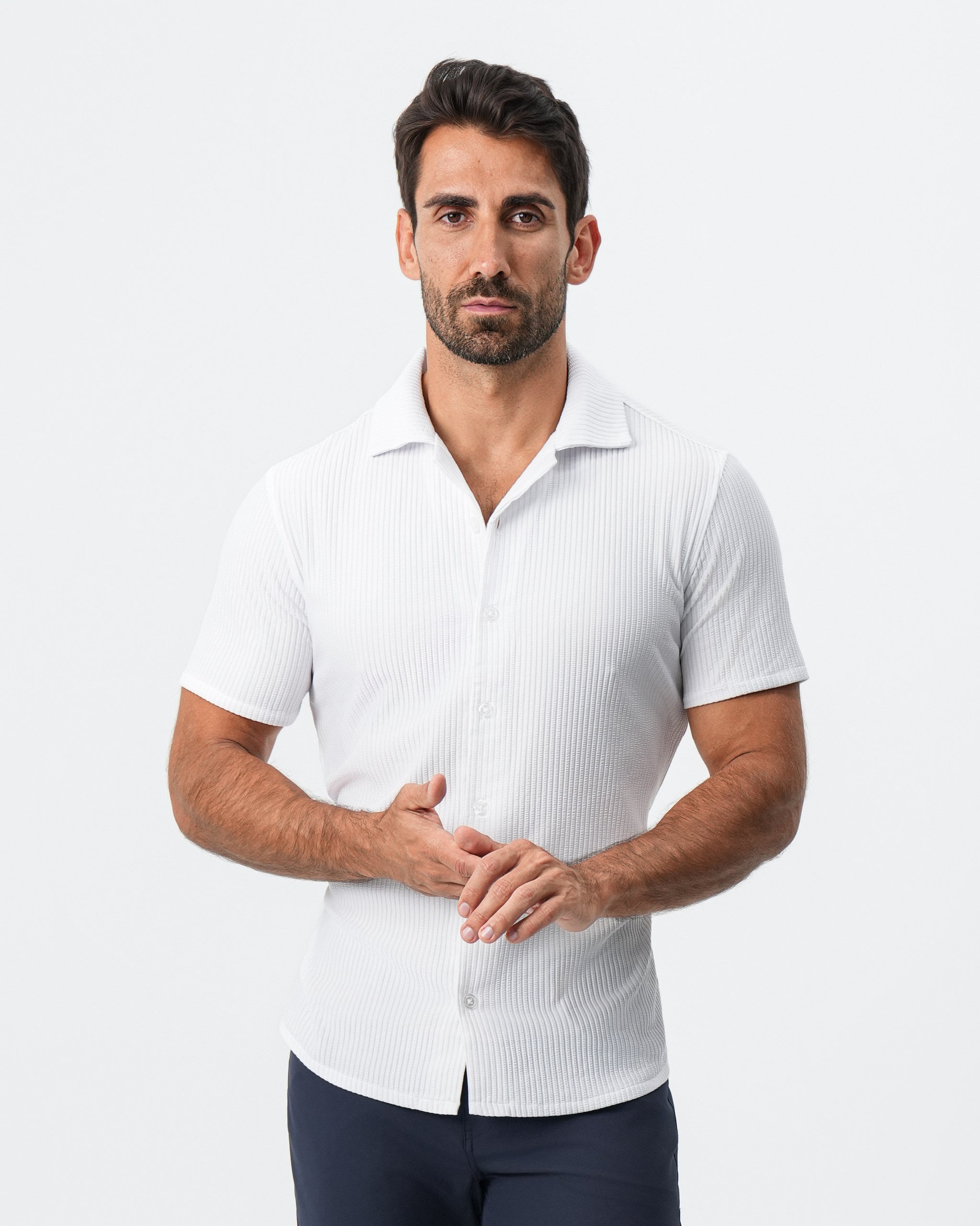 Seersucker Short Sleeve Button Down - White