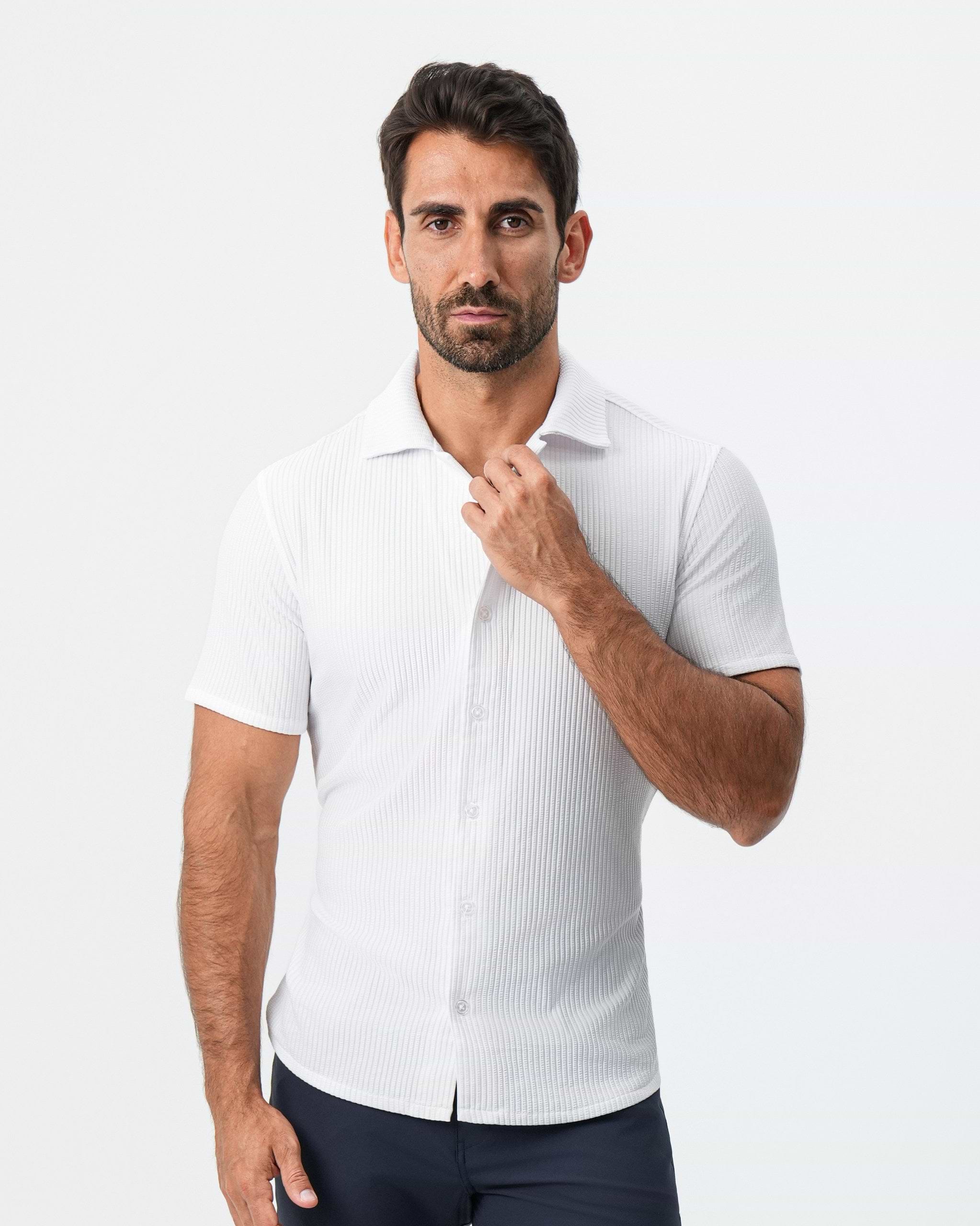 Seersucker Short Sleeve Button Down - White