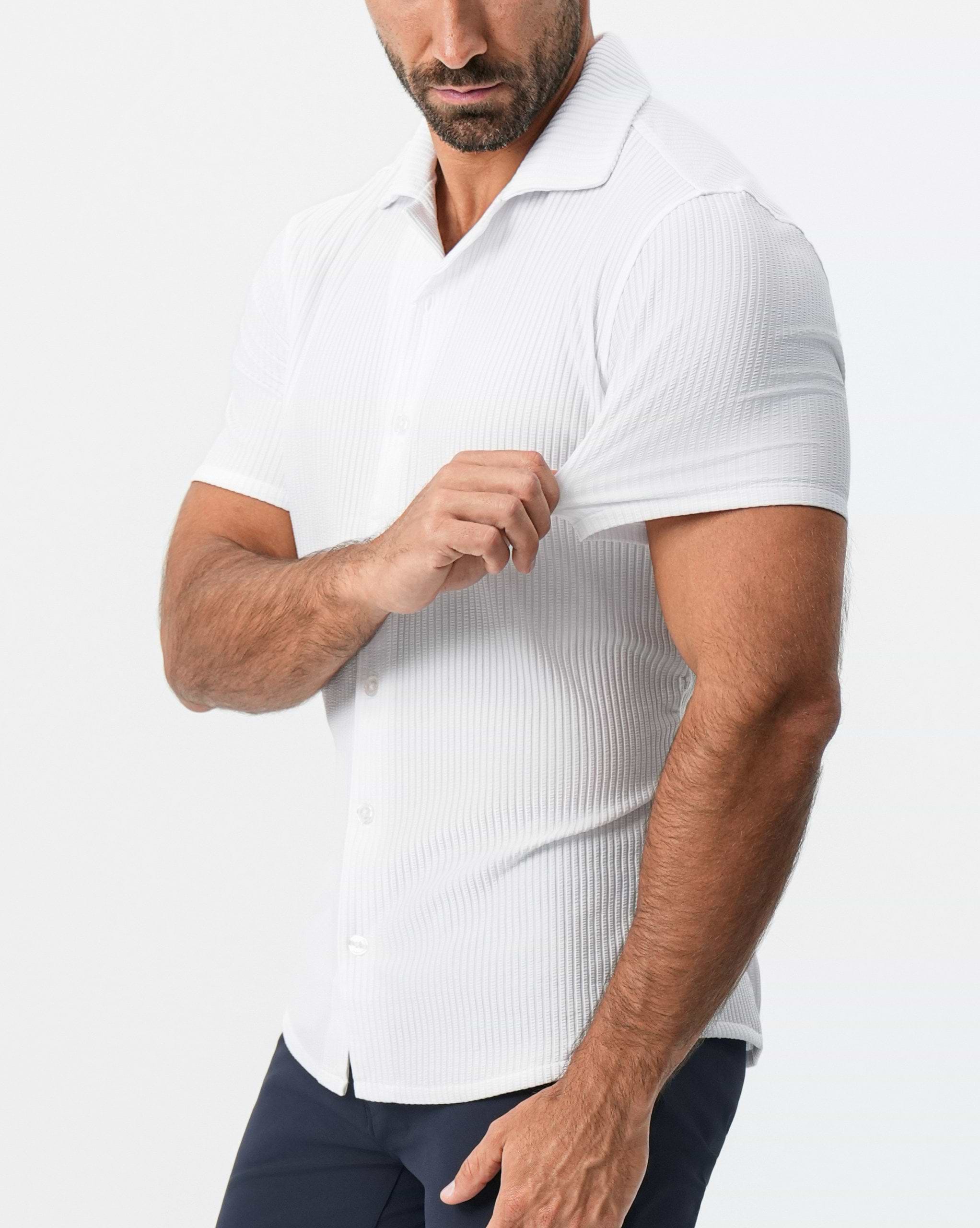 Seersucker Short Sleeve Button Down - White