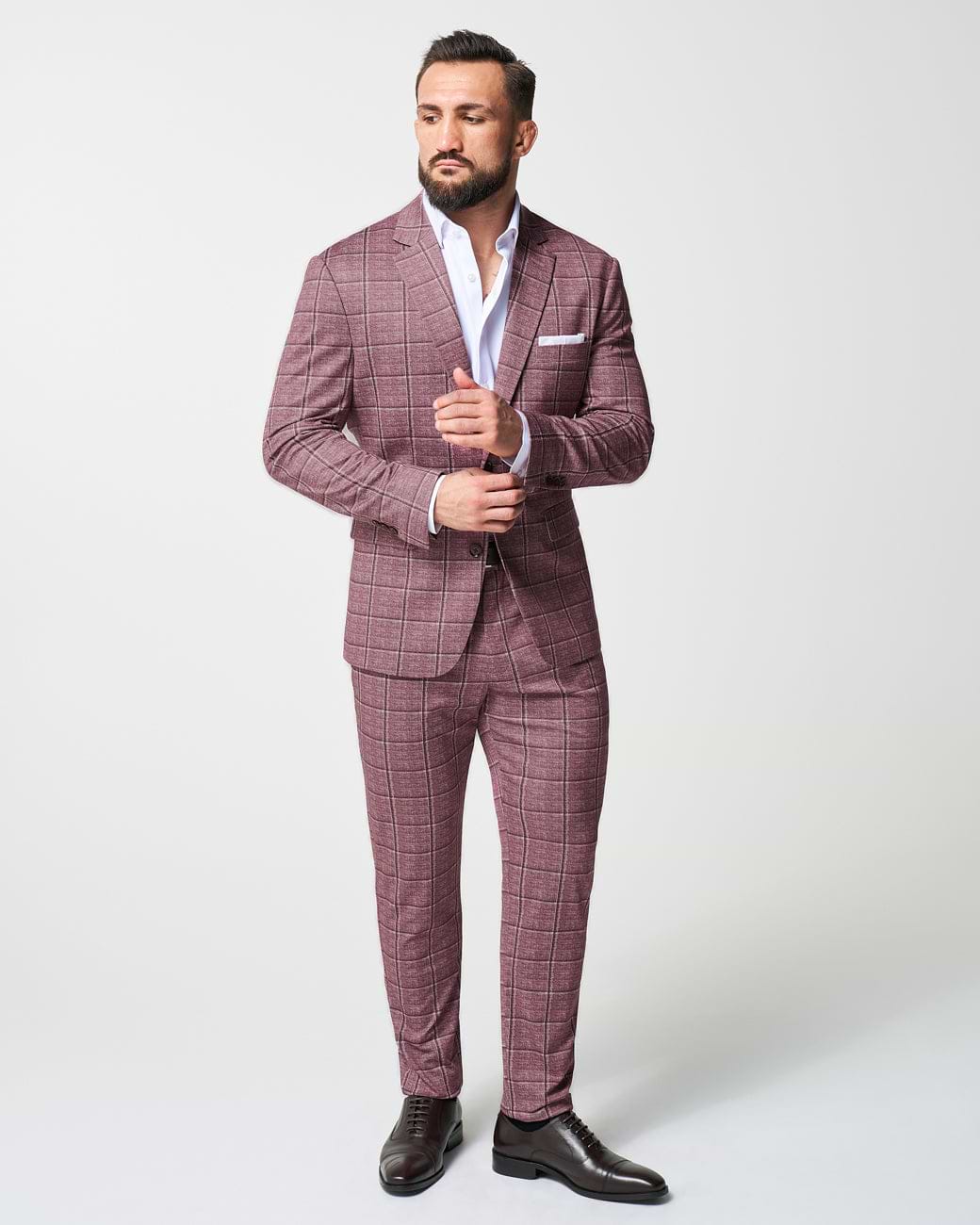Athletic Fit Stretch Suit - Crimson with Burgundy Big Windowpane