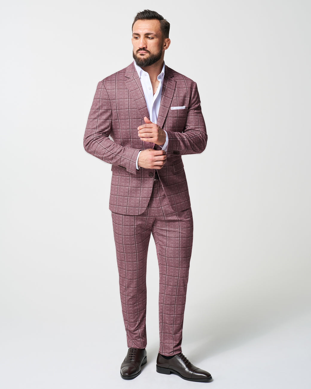 Athletic Fit Stretch Suit - Crimson with Burgundy Big Windowpane