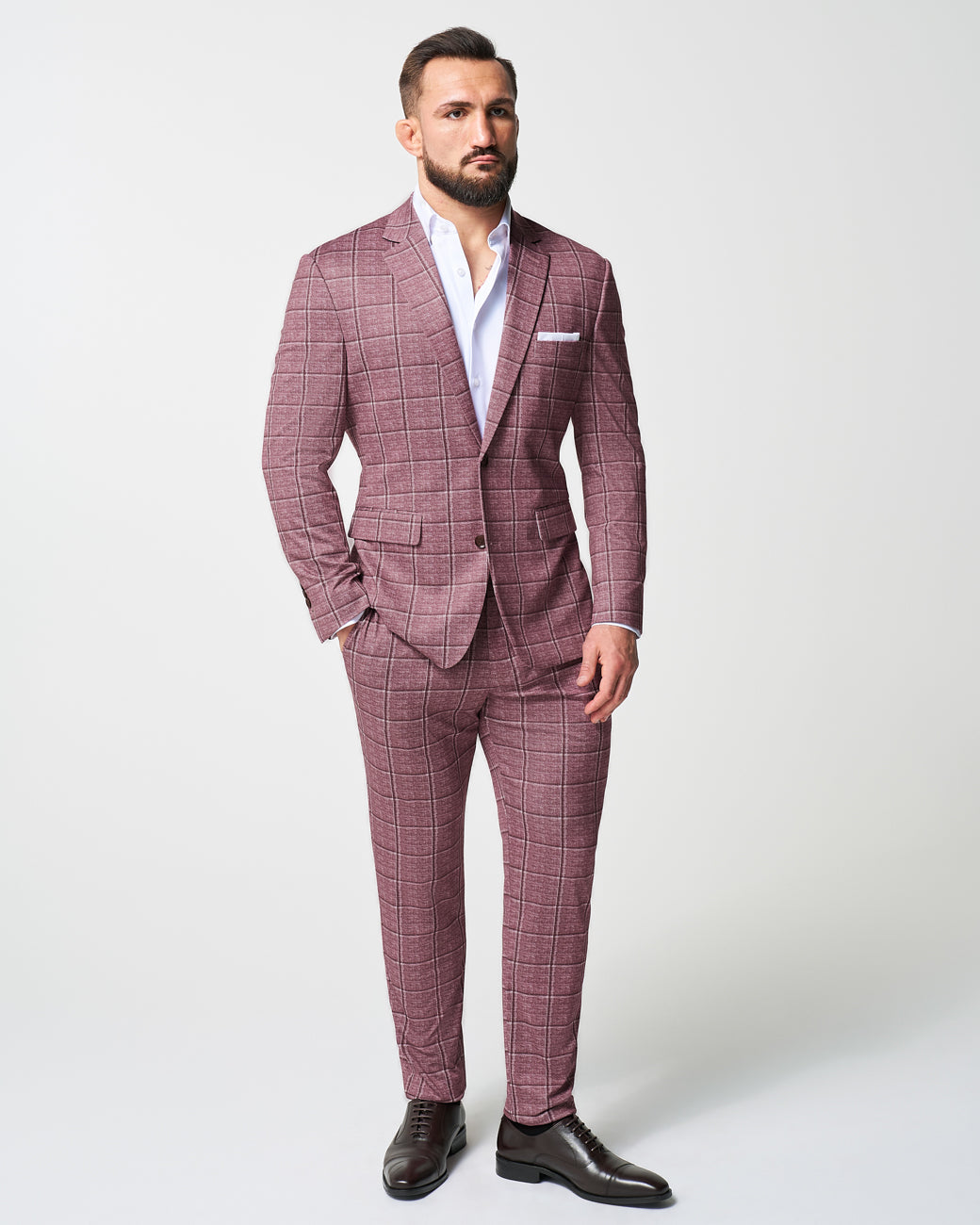 Athletic Fit Stretch Suit - Crimson with Burgundy Big Windowpane