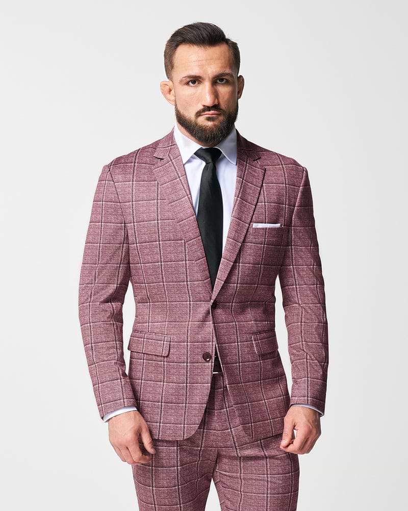 Athletic Fit Stretch Suit - Crimson with Burgundy Big Windowpane
