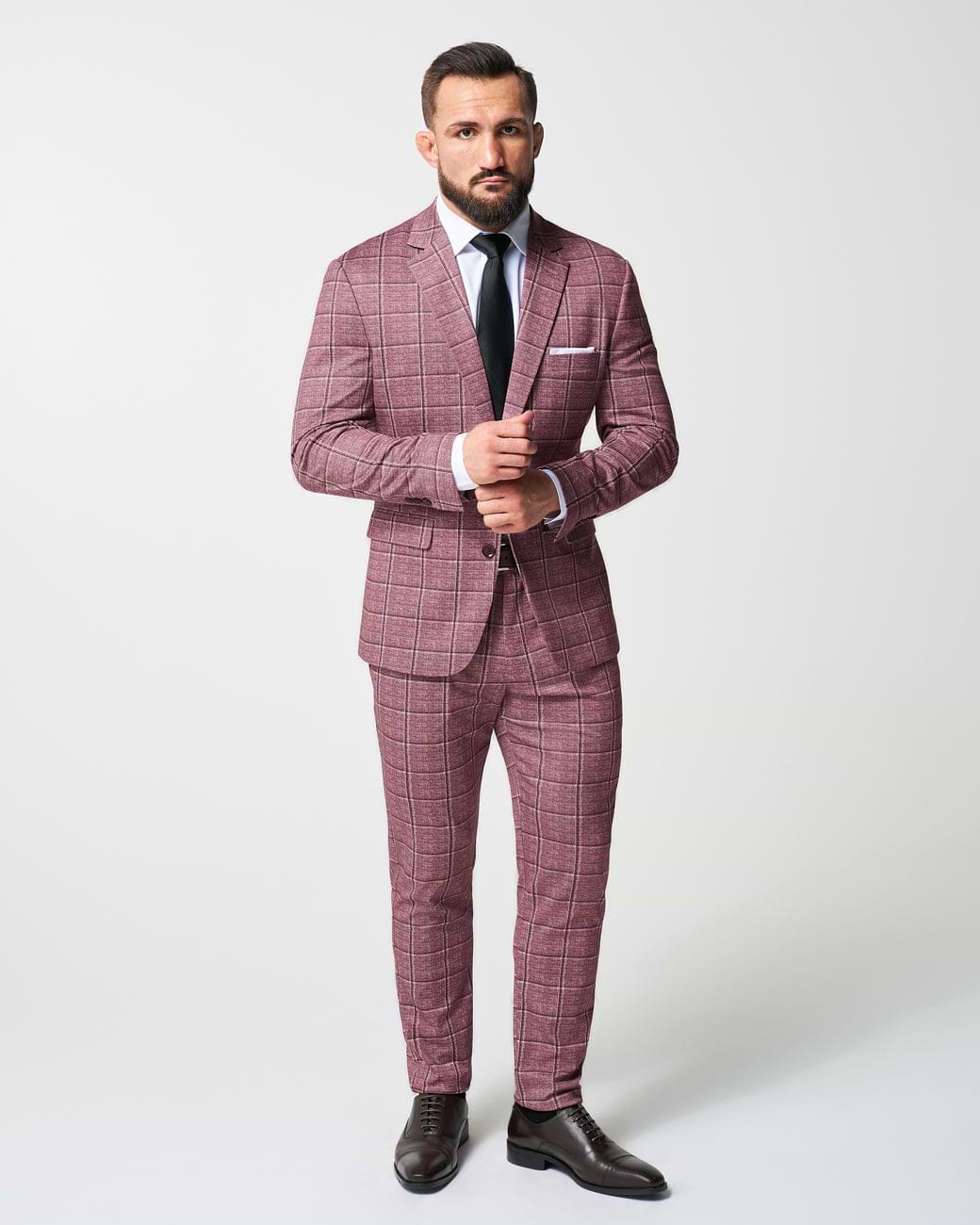 Athletic Fit Stretch Suit - Crimson with Burgundy Big Windowpane