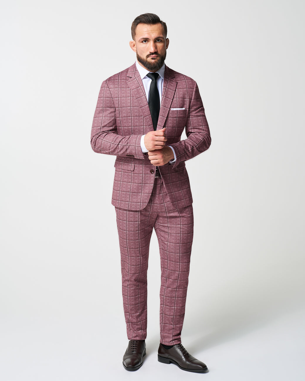 Athletic Fit Stretch Suit - Crimson with Burgundy Big Windowpane