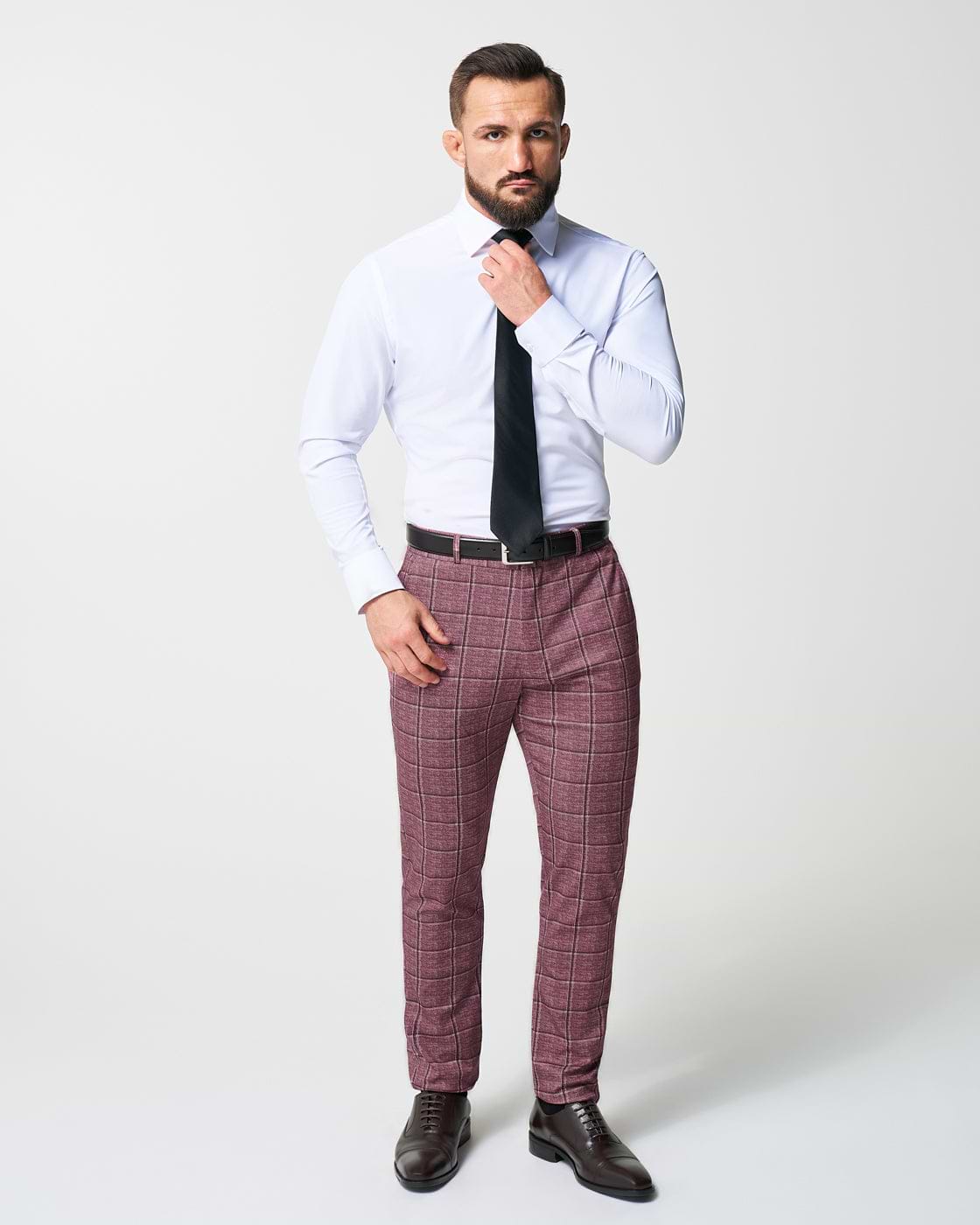 Athletic Fit Stretch Suit - Crimson with Burgundy Big Windowpane