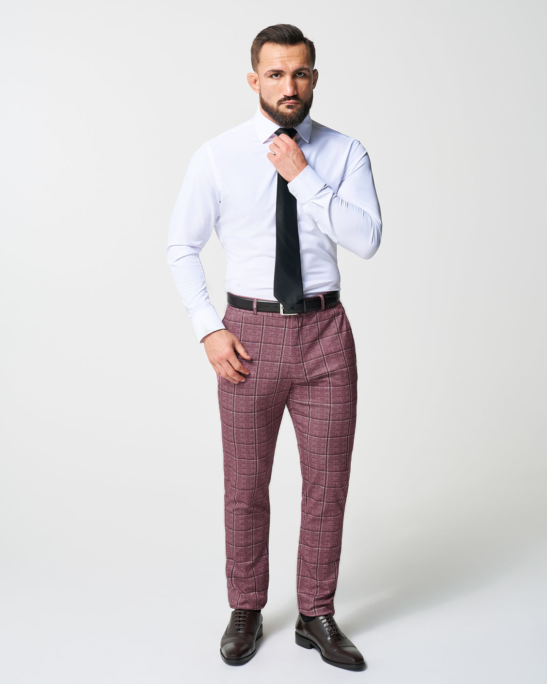 Athletic Fit Stretch Suit - Crimson with Burgundy Big Windowpane