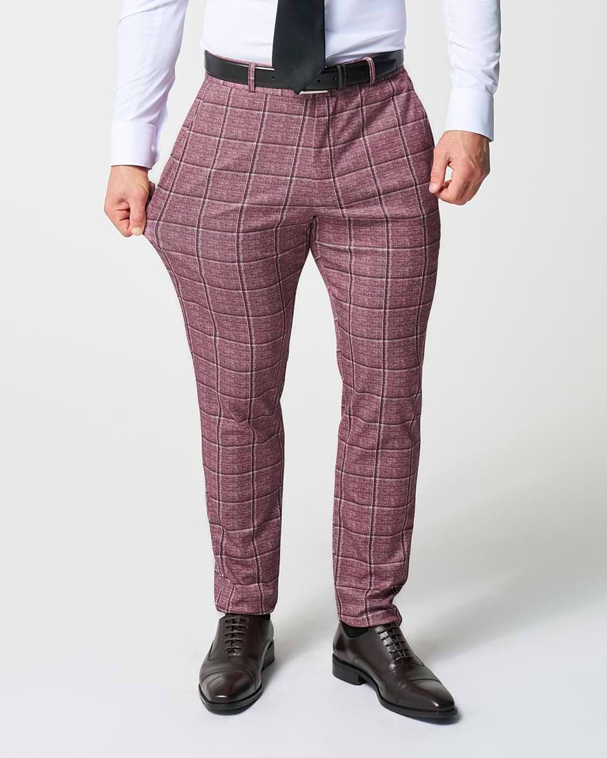 Athletic Fit Stretch Suit - Crimson with Burgundy Big Windowpane