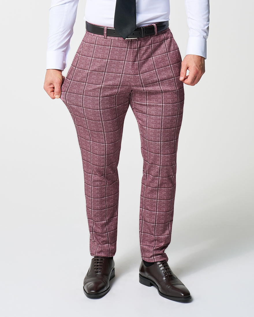 Athletic Fit Stretch Suit - Crimson with Burgundy Big Windowpane