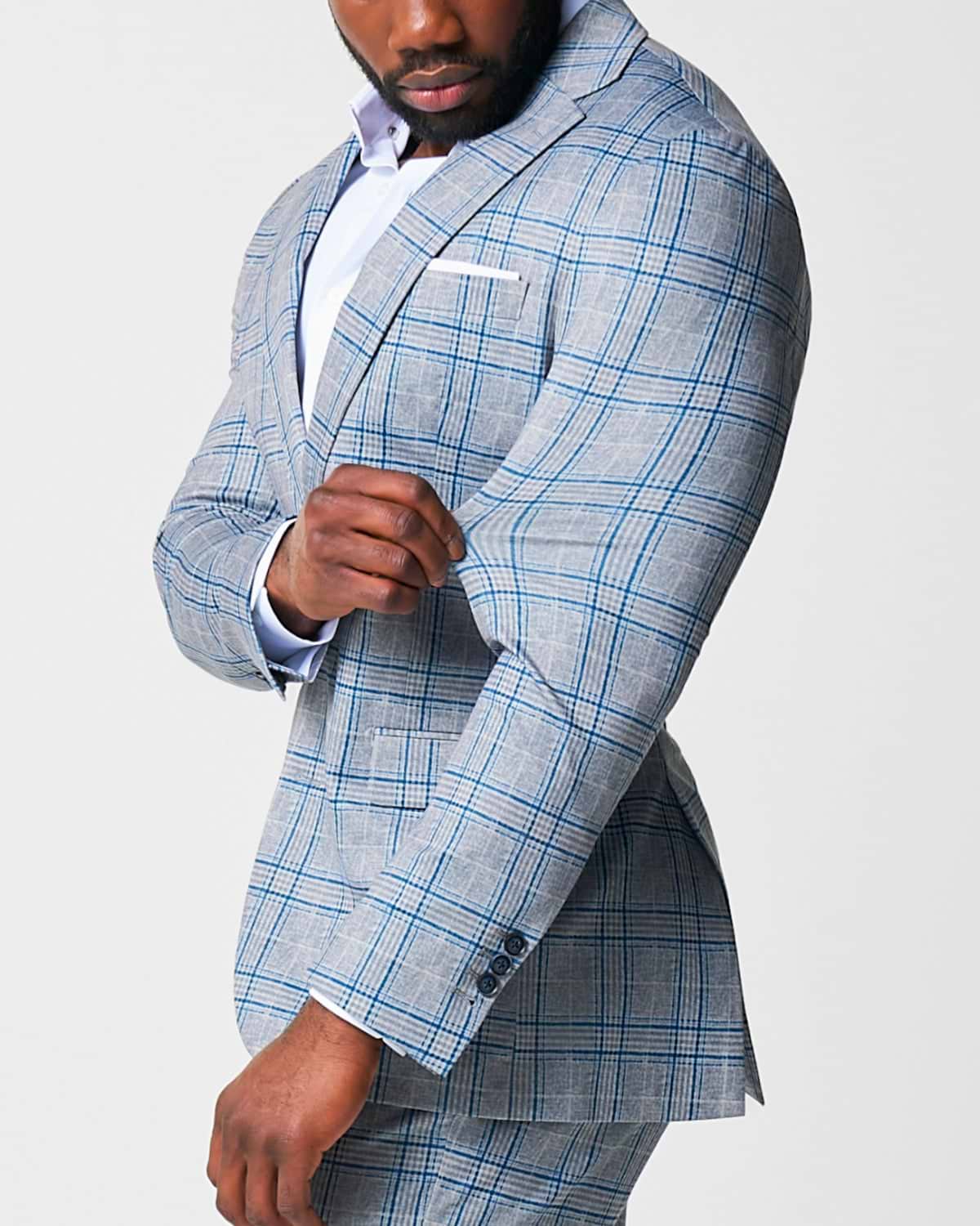 Athletic Fit Stretch Suit - Grey & Royal Blue Plaid