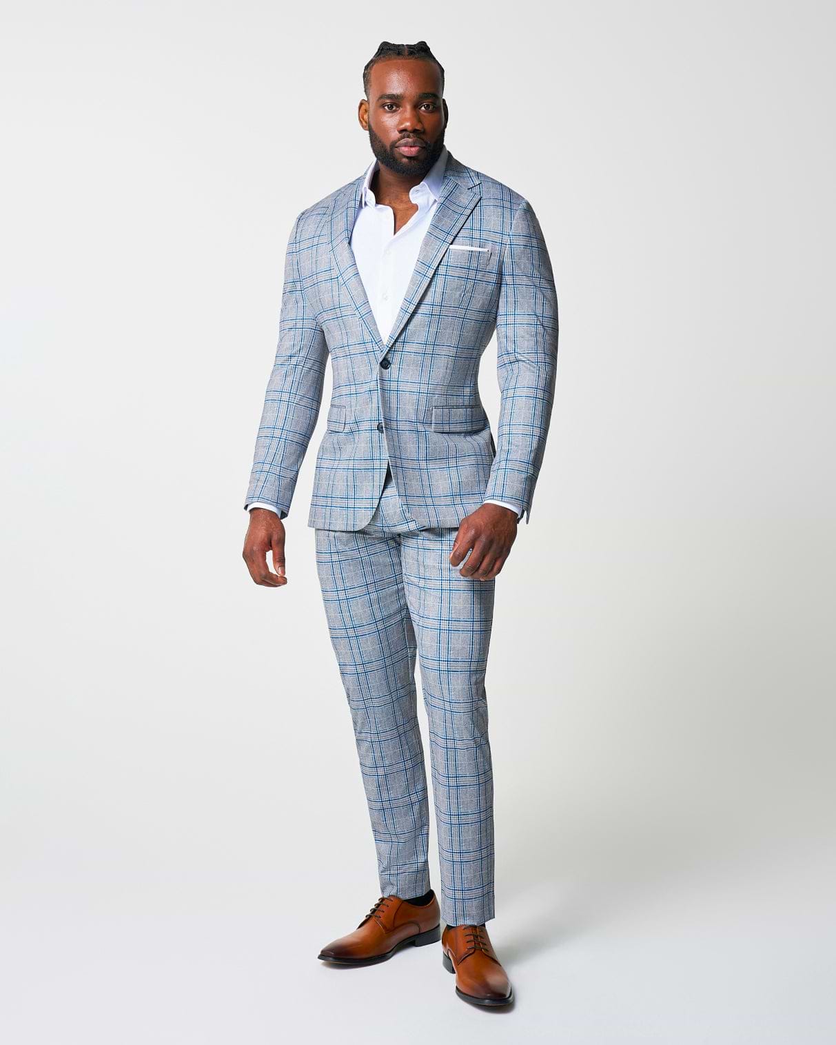 Athletic Fit Stretch Suit - Grey & Royal Blue Plaid