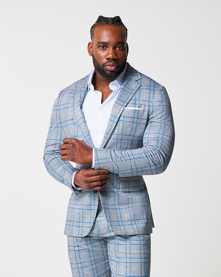 Athletic Fit Stretch Suit - Grey & Royal Blue Plaid