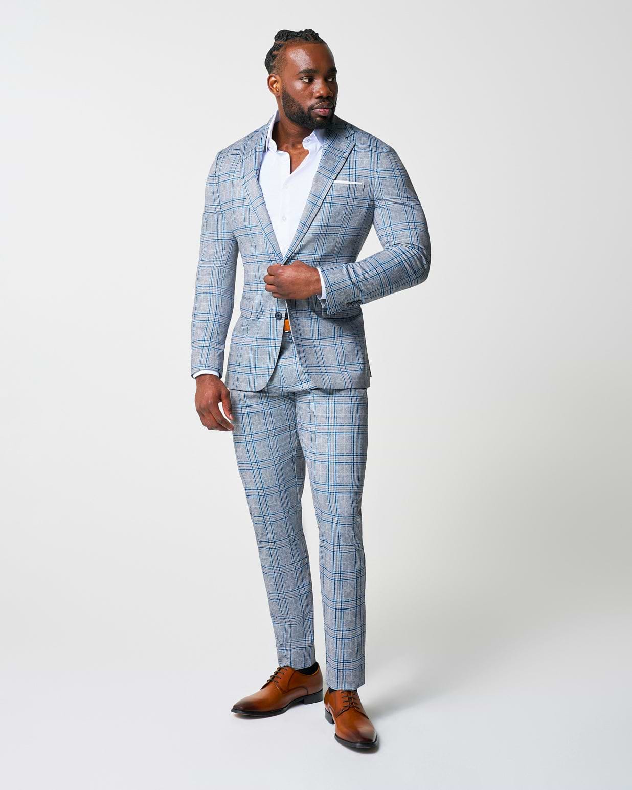 Athletic Fit Stretch Suit - Grey & Royal Blue Plaid