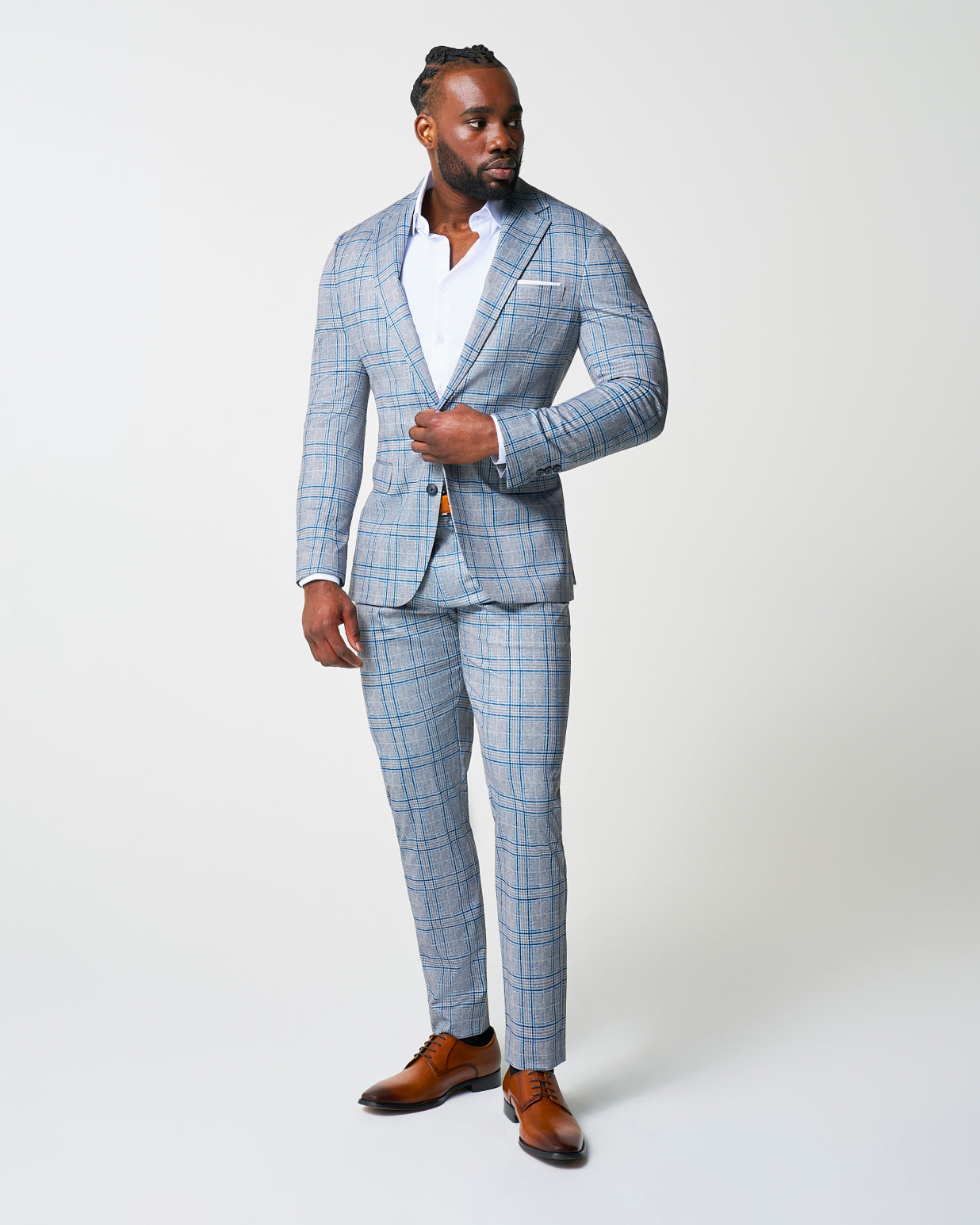 Athletic Fit Stretch Suit - Grey & Royal Blue Plaid