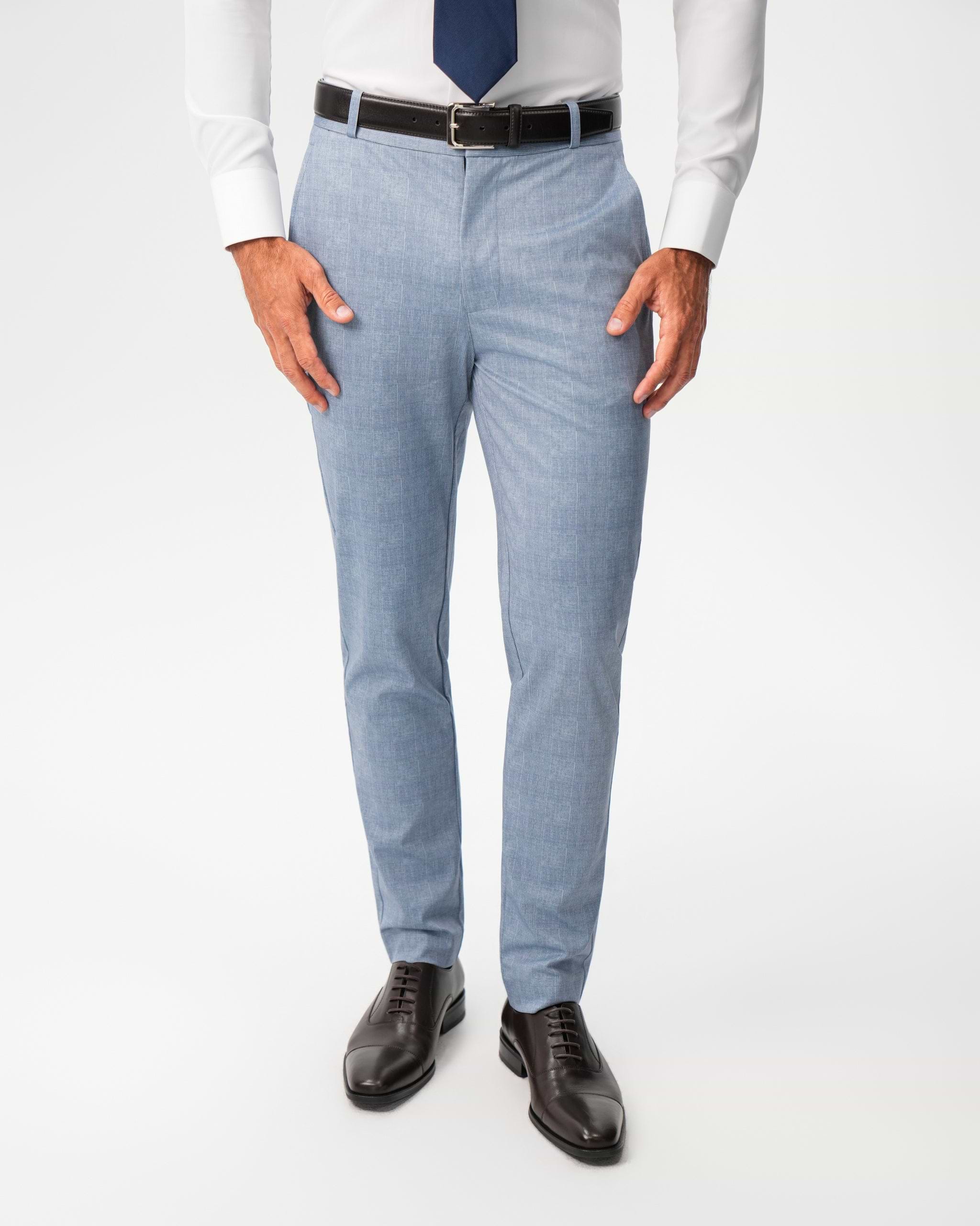 Athletic Fit Stretch Suit Pants - Light Blue Plaid