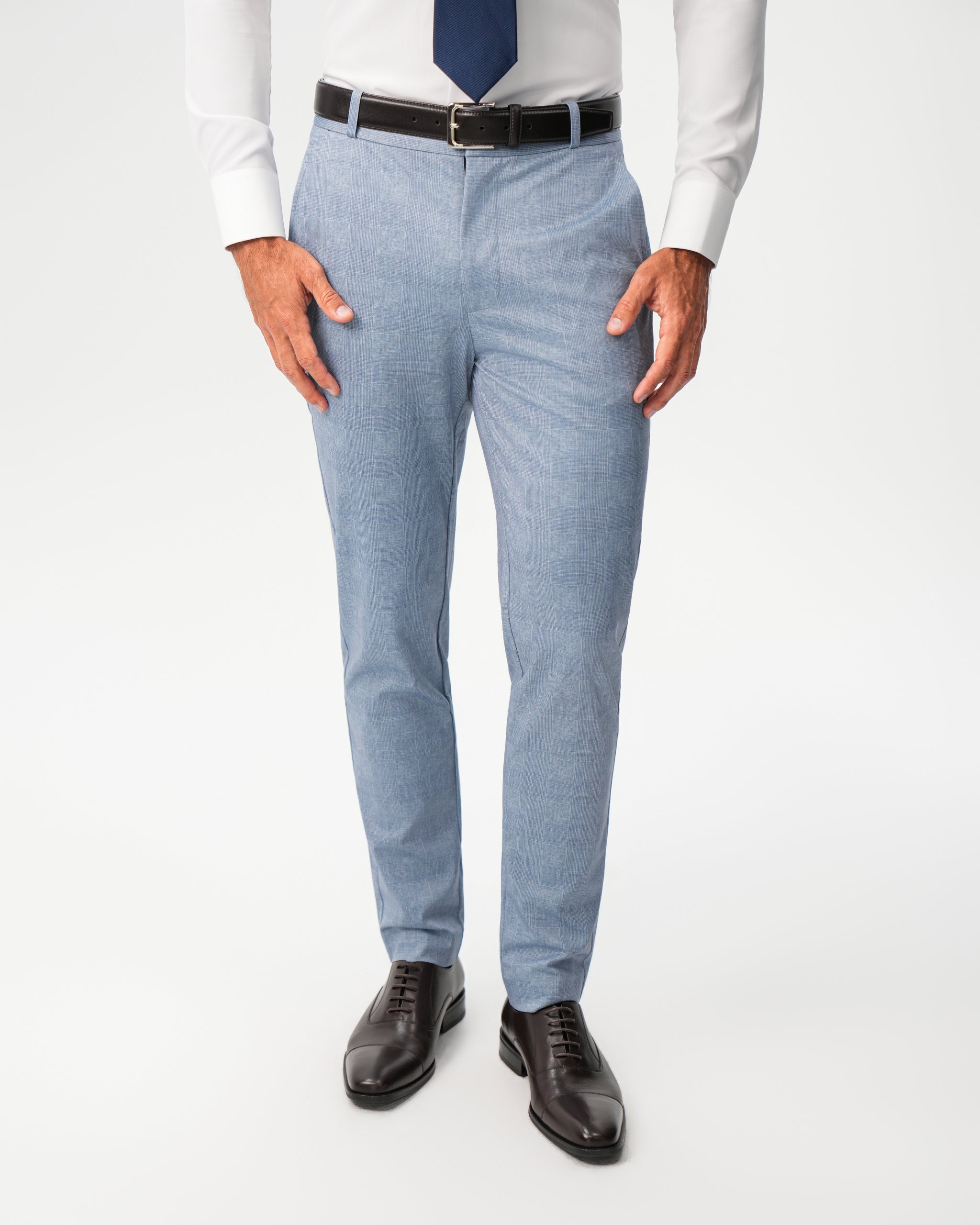 Athletic Fit Stretch Suit Pants - Light Blue Plaid