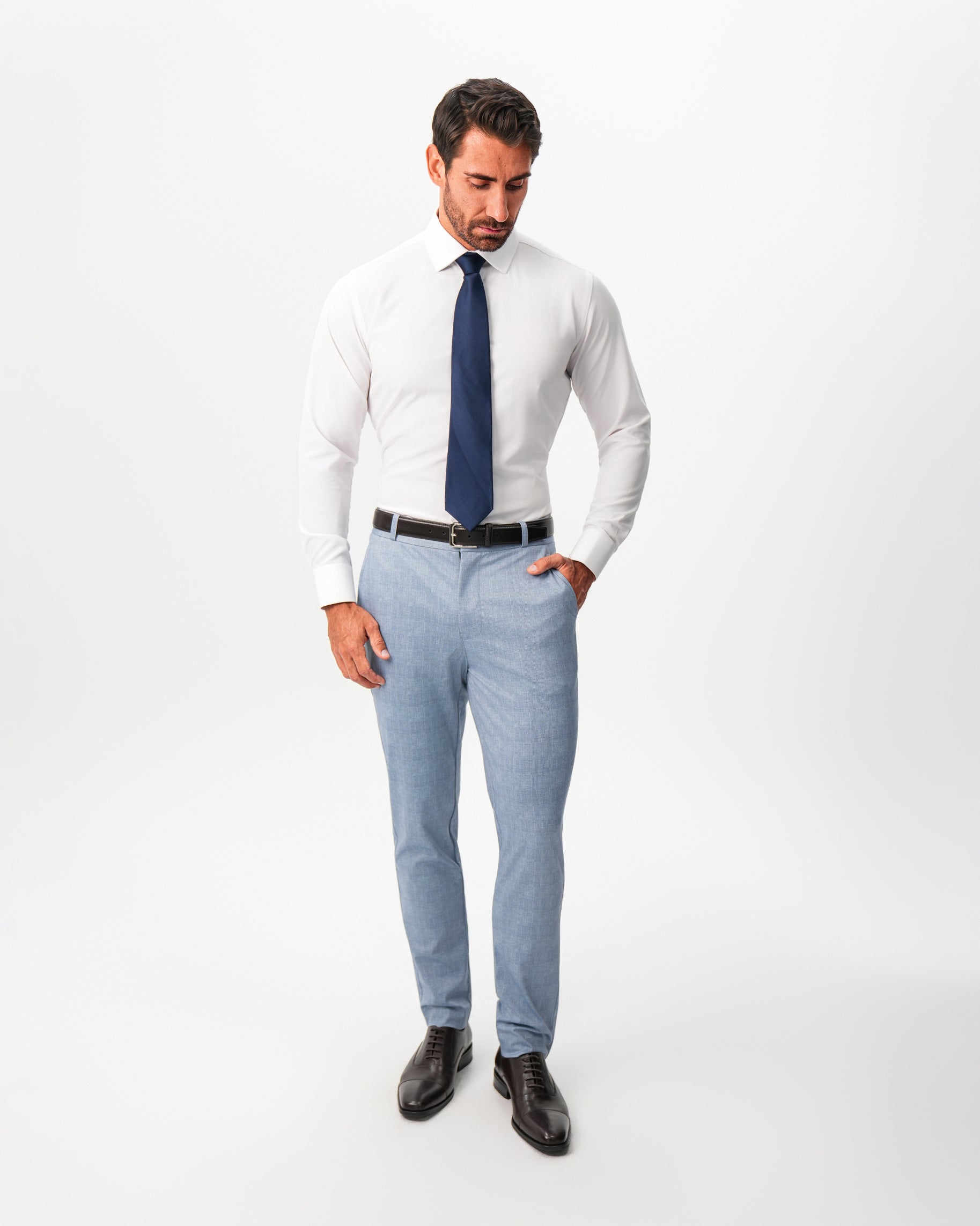 Athletic Fit Stretch Suit Pants - Light Blue Plaid