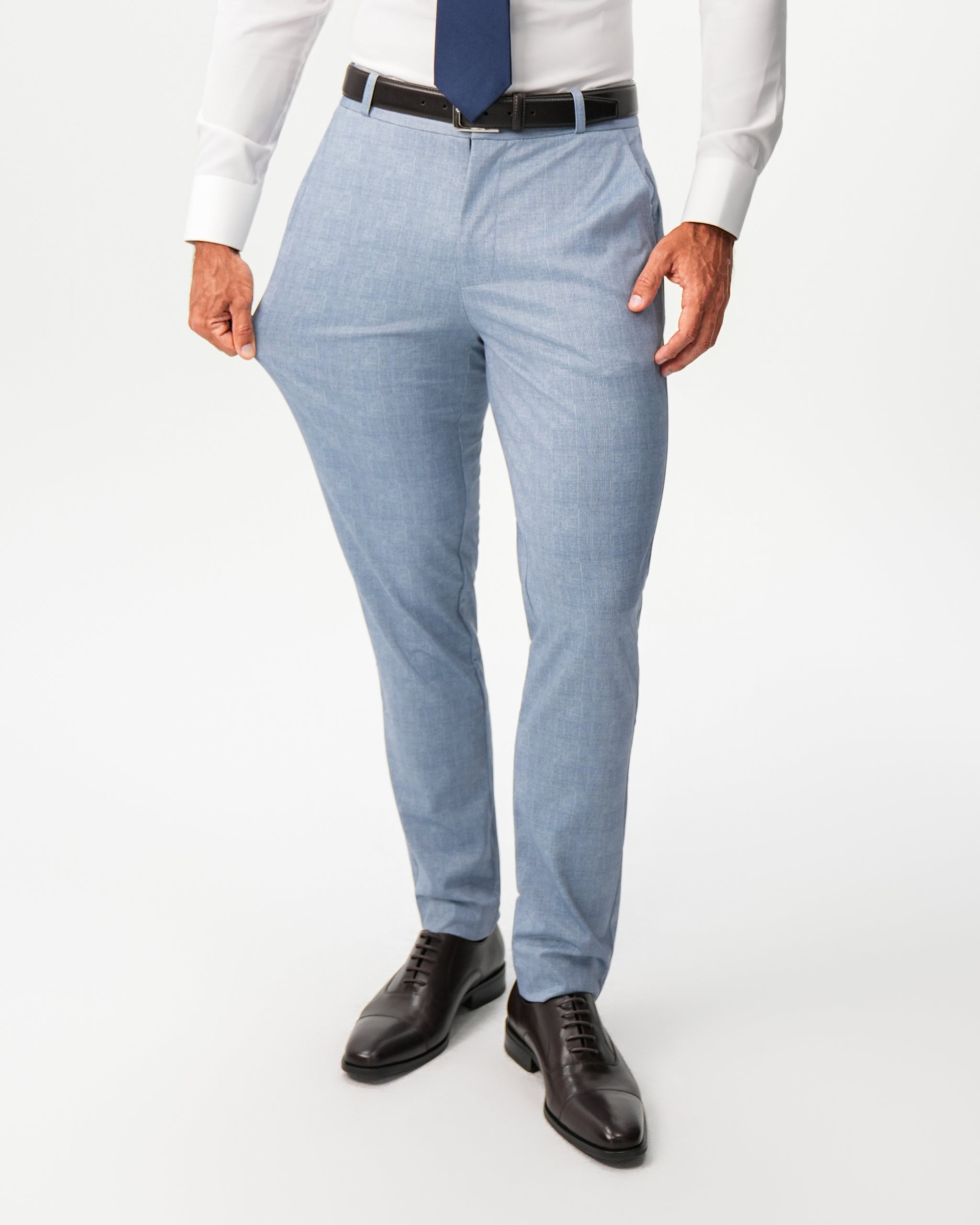 Athletic Fit Stretch Suit Pants - Light Blue Plaid