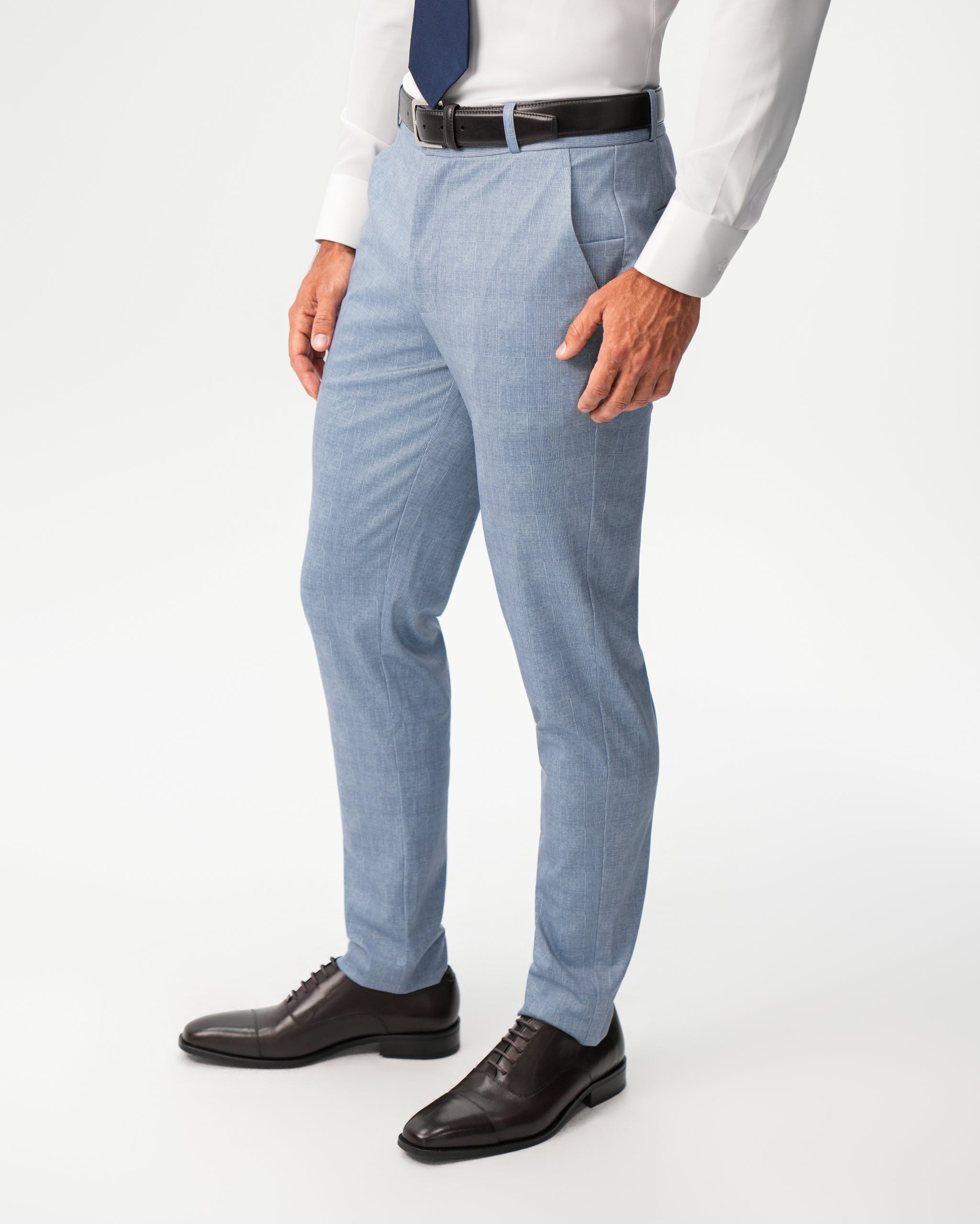 Athletic Fit Stretch Suit Pants - Light Blue Plaid