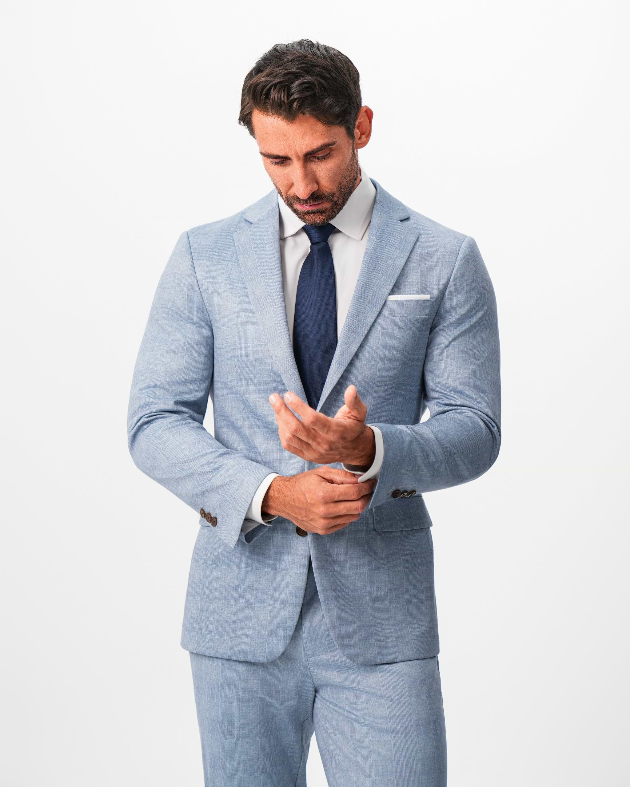Athletic Fit Stretch Blazer - Light Blue Plaid