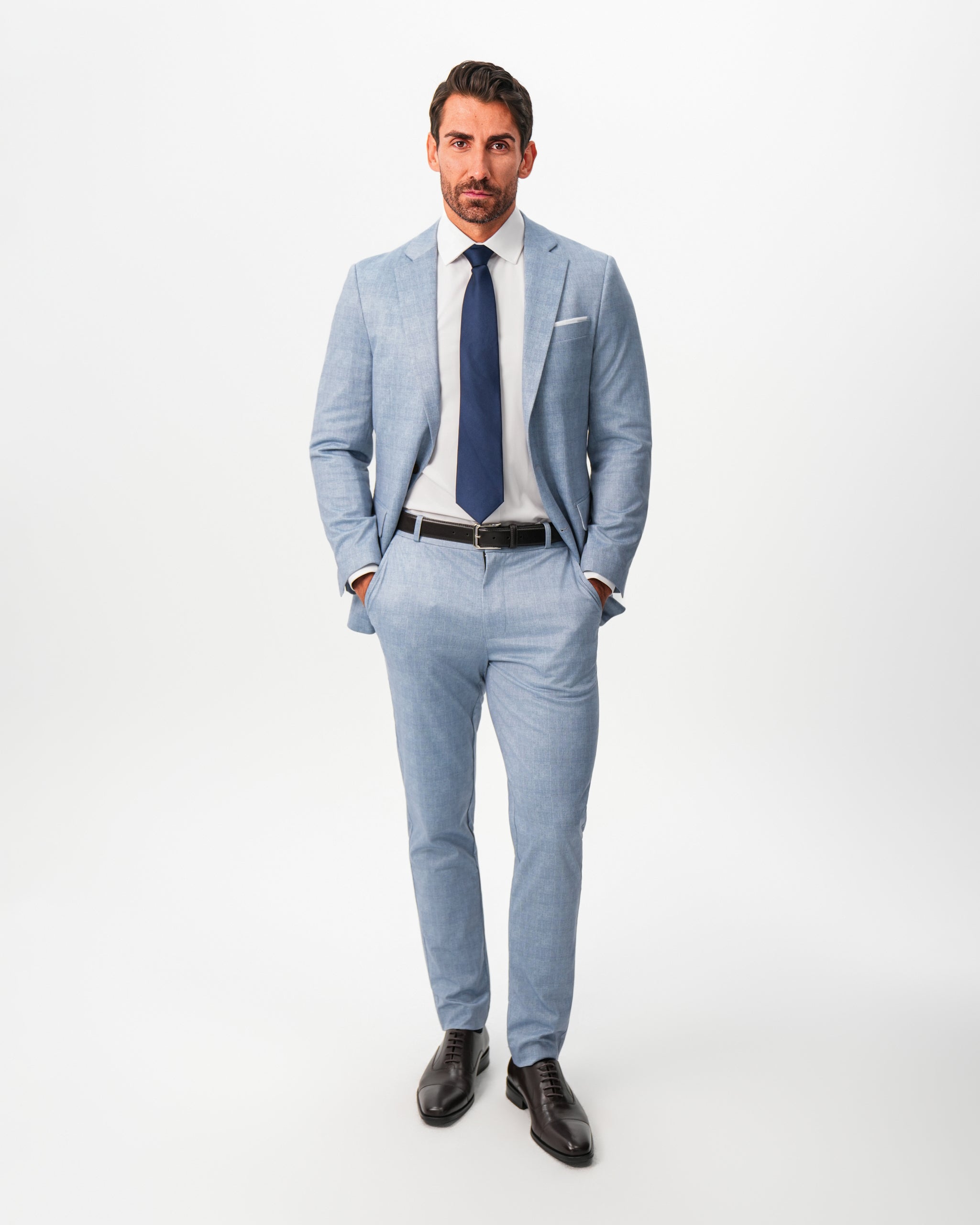 Athletic Fit Stretch Suit Pants - Light Blue Plaid
